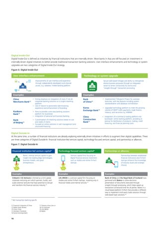 10
Digital Inside-Out
Digital Inside-Out is defined as initiatives by financial institutions that are internally driven. Most banks in Asia are still focused on investment in
internally-driven digital initiatives to better provide traditional transaction banking solutions. User interface enhancements and technology or system
upgrades are two categories of Digital Inside-Out strategy.
Figure 6: Digital Inside-Out
User interface enhancement Technology or system upgrade
Examples Examples
Improvements of user interface and experience
through independently developed multi-channel
access, e.g. websites, mobile banking platform
Secure web-based linkages and ability to interoperate
diverse business processes through an integrated
server-to-server connectivity for end-to-end
“straight-through” transaction processing
China
Merchants Bank12
Kasikorn
Bank13
Bank
of Beijing14
Bank
of China15
China
Construction
Bank17
Korea
Exchange Bank16
• Implemented IT Blueprint Project for overseas
branches, with key features including system
standardisation and database centralisation
• Integration of e-commerce trading platform into
businesses’ online banking platform, providing an
avenue for distribution of products, trading, credit
ﬁnancing, and ﬁnancial planning tools
• Upgraded technology platform to meet the growing
volume of SWIFT trafﬁc payments, trade ﬁnance,
treasury, and securities e.g. KEBiNet
WWW.
WWW
• Strong emphasis on integration of most, if not all,
corporate banking solutions on a single e-banking
platform
• Use of mascot to personalise web-browsing
experience and enhancement of branding
• Aims to provide a one-stop banking solutions
platform for businesses
• Integration of personal and business banking
• Customisation of e-banking solutions based on size
and needs of clients
• Focused on online solutions in cash management and
structured ﬁnancing
Digital Outside-In
At the same time, a number of financial institutions are already exploring externally driven initiatives in efforts to augment their digital capabilities. There
are three categories of Digital Outside-In: financial institution-led venture capital, technology-focused venture capital, and partnership or alliances.
Figure 7: Digital Outside-In
Financial institution-led venture capital* Technology-focused venture capital* Partnerships or alliances
Examples Examples Examples
Banks’ internal venture capital to gain
insight into leading edge technologies,
business models, and great
entrepreneurs
Venture capital ﬁrms focusing on
digital ﬁnancial services investment
such as mobile and online FinTech
startups
Partnerships between established
ﬁnancial institutions and FinTech
startups enhance the knowledge
of industry issues and strategic
choices
* Not transaction banking speciﬁc
Venture
capital
Venture
capital
Citibank’s Citi Ventures is formed as a Citi’s global
corporate venturing arm which partners, builds, and
scales external ventures that have potential to disrupt
and transform the ﬁnancial services industry.18
Life.SREDA is a venture capital ﬁrm focusing on
mobile and online FinTech startups, investing only in
ﬁnancial mobile and Internet services.19
Bank of China and the Royal Bank of Scotland have
partnered with Bolero to utilise electronic
presentation of documents executed through
straight-through processing, which helps speed up
transaction turnaround time for all parties. Bolero is a
cloud-based platform FinTech that provides a different
way to implement multi-party trade solutions through
web-based SaaS solutions.20
12 Financial Computer of China
13 Nikkei Asian Review
14 China Times
15 Standard Chartered
16 Korea Exchange Bank
17 Finance.china.com.cn
18 Citi Ventures
19 Life.SREDA
20 Bolero
 