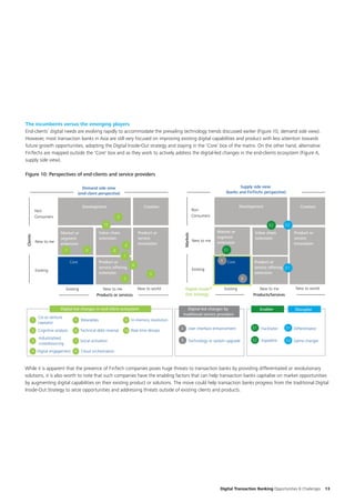 Digital Transaction Banking Opportunities & Challenges 13
The incumbents versus the emerging players
End-clients’ digital needs are evolving rapidly to accommodate the prevailing technology trends discussed earlier (Figure 10, demand side view).
However, most transaction banks in Asia are still very focused on improving existing digital capabilities and product with less attention towards
future growth opportunities, adopting the Digital Inside-Out strategy and staying in the ‘Core’ box of the matrix. On the other hand, alternative
FinTechs are mapped outside the 'Core' box and as they work to actively address the digital-led changes in the end-clients ecosystem (Figure A,
supply side view).
Figure 10: Perspectives of end-clients and service providers
While it is apparent that the presence of FinTech companies poses huge threats to transaction banks by providing differentiated or revolutionary
solutions, it is also worth to note that such companies have the enabling factors that can help transaction banks capitalise on market opportunities
by augmenting digital capabilities on their existing product or solutions. The move could help transaction banks progress from the traditional Digital
Inside-Out Strategy to seize opportunities and addressing threats outside of existing clients and products.
New to worldNew to meExisting
Development Creation
Clients
Core
Products or services
New to worldNew to meExisting
Development Creation
Product or
service
innovation
Markets
Value chain
extension
Product or
service
innovation
Value chain
extension
Market or
segment
extension
Market or
segment
extension
Product or
service offering
extension
Product or
service offering
extension
Core
Products/Services
Digital Inside-
Out Strategy
Existing
New to me
Non
Consumers
Existing
New to me
Non
Consumers
Supply side view
(banks and FinTechs perspective)
Demand side view
(end-client perspective)
3
10
6
8
1
9
2
47
5
E2 D2
D1
A
B
E1
1
3
2 Cognitive analysis
Cio as venture
capitalist
Digital engagement4
Wearables5
Technical debt reversal6
Social activation7
Cloud orchestration8
Real-time devops10
E1 Facilitator D1
Game changerExpeditorE2 D2
DisrupterEnabler
DifferentiatorUser interface enhancement
Technology or system upgrade
A
B
Digital-led changes by
traditional service providers
Industrialised
crowdsourcing
9 In-memory revolution
Digital-led changes in end-client ecosystem
 