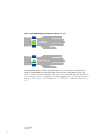 16
Figure 14: Wearable technology users in Australia, UK and US in 2013
35%
18%
Australia
UK and US
Australians are more receptive to adopting wearable technology than their international counterparts (Figure 13).
Examples of popular wearable technology include health and fitness monitors, glasses, watches, clothing, and
cameras.23
In Australia, the retail of wearable technology shows a striking compound annual growth rate (CAGR) of
247% in the forecast period. By 2018, wearables in Australia are expected to account for 8% of total retail volume in
digital electronics. This is also in line with the prediction of 43.4% CAGR growth in the global wearable computing
market.24
23 CMO Australia
24 Euromonitor
 