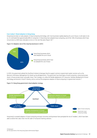 Digital Transaction Banking Opportunities & Challenges 17
Case study 2: Cloud adoption in Hong Kong
Hong Kong has been an early adopter of cloud computing technology, with most businesses rapidly adopting the use of cloud, or with plans to do
so. It is estimated that approximately 84% of companies in Hong Kong have adopted cloud computing, and of the 16% of businesses which have
not yet done so, 82% have cited plans to do so in the next few years (Figure 14).25
Figure 14: Adoption rate of the cloud by businesses in 2013
16%
84%
Hong Kong businesses which
have adopted the use of cloud
Hong Kong businesses which have
not adopted the use of cloud
Figure 7: Adoption rate on the usage of cloud (businesses), 2013
In 2010, the government piloted the GovCloud initiative to leverage cloud to support common e-government system services such as the
Electronic Information Management for shared use by all departments. The government has three types of cloud computing: outsourced private
cloud, in-house private cloud, and public cloud. Their strategy is to utilise the flexible deployment of IT resources, facilitate development of cloud
technology and services in local IT industry, and to continue the progressive adoption of cloud computing in e-government services.26
Figure 15: Hong Kong government cloud adoption strategy
Outsourced
private cloud
In-house
private cloud
Public cloud
Flexible deployment of
IT resources
Progressive adoption of cloud
computing in e-government services
Facilitate development of cloud
tech and services in local IT industry
GovCloud
Types of cloud computing
Government cloud
computing strategy
Figure 8: Hong Kong Government cloud adoption strategy, 2013
Hong Kong’s increased adoption of cloud computing amongst consumers and businesses have prompted the rise of ‘enablers’, which have been
able to extend their value chain into the realm of transaction banking solutions.
25 Rackspace
26 The Government of the Hong Kong Special Administrative Region
 