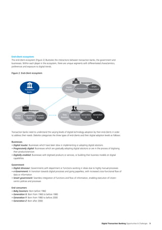 Digital Transaction Banking Opportunities & Challenges 3
End-client ecosystem
The end-client ecosystem (Figure 2) illustrates the interactions between transaction banks, the government and
businesses. Within each player in the ecosystem, there are unique segments with differentiated characteristics,
preferences and exposure to digital trends.
Figure 2: End-client ecosystem
Generation
Y
Generation
Z
Businesses
Government
-
Transaction
Banks
Digitally-
enabled
Digital
Insular
Smart
Government
Digital
Dinosaur
e-Government
End Consumers
Progressively
Digital
Baby
Boomers
Generation
X
Transaction banks need to understand the varying levels of digital technology adoption by their end-clients in order
to address their needs. Deloitte categorises the three types of end-clients and their digital adoption levels as follows:
Businesses
•	Digital insular: Businesses which have been slow in implementing or adopting digital solutions
•	Progressively digital: Businesses which are gradually adopting digital solutions or are in the process of digitising
their products/services
•	Digitally enabled: Businesses with digitised products or services, or building their business models on digital
capabilities
Government
•	Digital dinosaur: Governments with department or functions working in siloes due to highly manual processes
•	e-Government: In transition towards digital processes and going paperless, with increased cross-functional flow of
data or information
•	Smart government: Seamless integration of functions and flow of information, enabling execution of citizen-
centric policies and processes
End consumers
•	Baby boomers: Born before 1960
•	Generation X: Born from 1960 to before 1980
•	Generation Y: Born from 1980 to before 2000
•	Generation Z: Born after 2000
 
