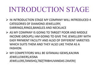 INTRODUCTION STAGE
 IN INTRODUCTION STAGE MY COMPANY WILL INTRODUCED 4
CATEGORIES OF DIAMOND JEWELLERY,
EARRINGS,RINGS,BANGLES AND NECKLACE
 AS MY COMPANY IS GOING TO TARGET POOR AND MIDDLE
INCOME GROUPS,I AM GOING TO GIVE THE JEWELLERY WITH
EASY PAYMENT FACILITY AND ALSO OF DIFFERENT VARIETIES
WHICH SUITS THEM AND THEY ALSO LIKE THEM AS A
FASHION.
 MY COMPETITORS WILL BE GITANJALI GEMS,KALYAN
JEWELLEWERS,KISNA
JEWELLERS,TANISHQ,TBZ[TRIBHUVANDAS ZAVERI]
 