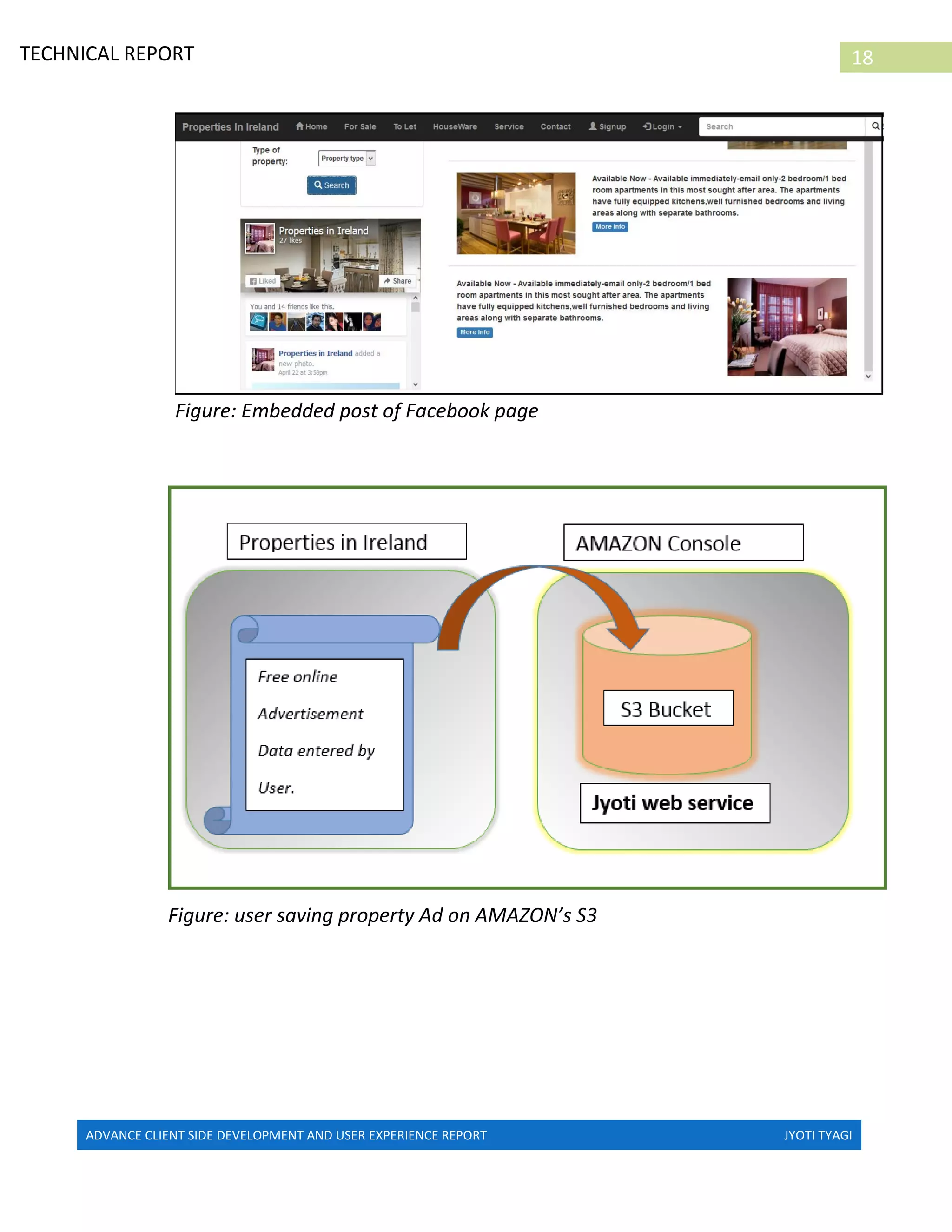 ADVANCE CLIENT SIDE DEVELOPMENT AND USER EXPERIENCE REPORT JYOTI TYAGI
18TECHNICAL REPORT
PROPERTIES IN IRELAND
Figure: Embedded post of Facebook page
Figure: user saving property Ad on AMAZON’s S3
 