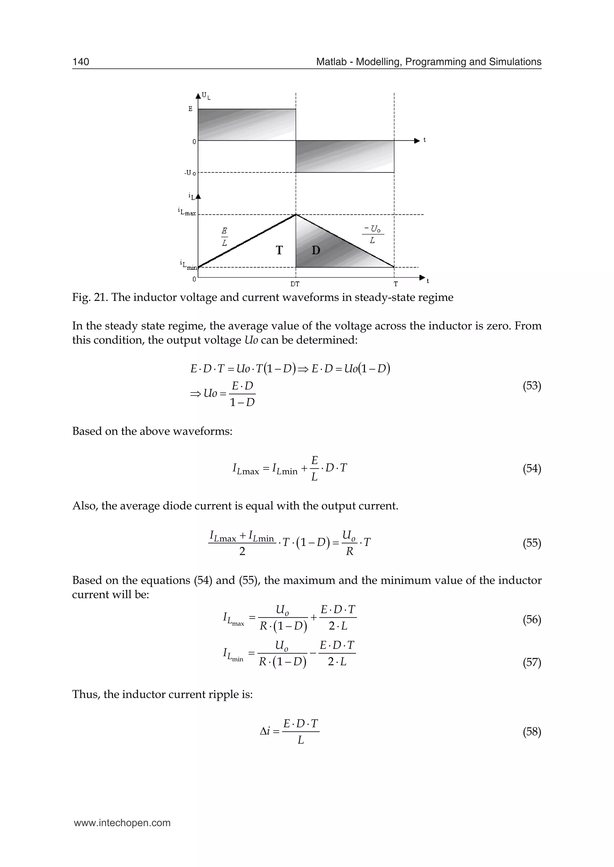 Matlab - Modelling, Programming and Simulations
140
Fig. 21. The inductor voltage and current waveforms in steady-state regime
In the steady state regime, the average value of the voltage across the inductor is zero. From
this condition, the output voltage Uo can be determined:
   
D
D
E
Uo
D
Uo
D
E
D
T
Uo
T
D
E













1
1
1
(53)
Based on the above waveforms:
max min
L L
E
I I D T
L
    (54)
Also, the average diode current is equal with the output current.
 
max min 1
2
L L o
I I U
T D T
R

     (55)
Based on the equations (54) and (55), the maximum and the minimum value of the inductor
current will be:
 
max
1 2
o
L
U E D T
I
R D L
 
 
  
(56)
 
min
1 2
o
L
U E D T
I
R D L
 
 
   (57)
Thus, the inductor current ripple is:
E D T
i
L
 
  (58)
www.intechopen.com
 