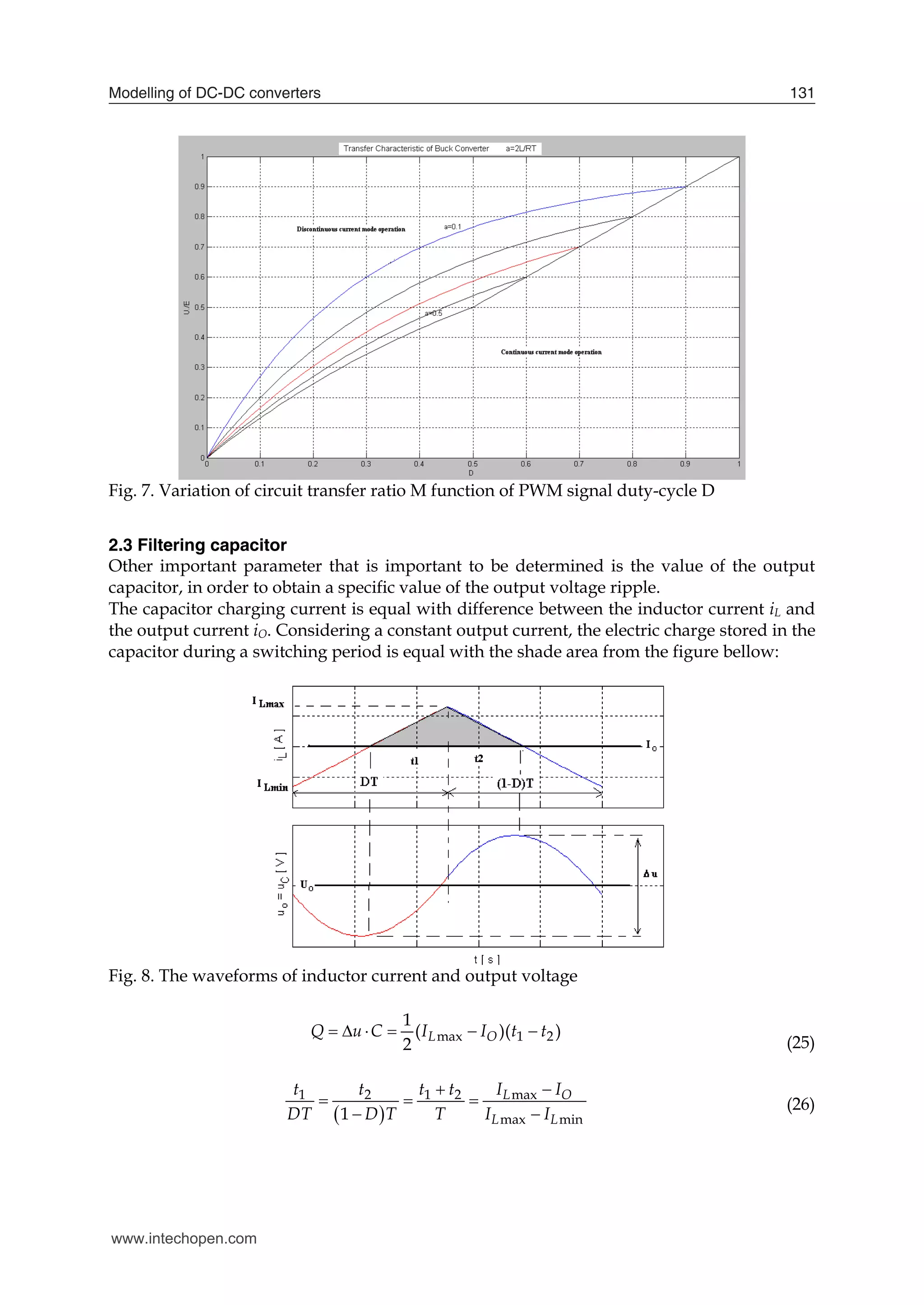 Modelling of DC-DC converters 131
Fig. 7. Variation of circuit transfer ratio M function of PWM signal duty-cycle D
2.3 Filtering capacitor
Other important parameter that is important to be determined is the value of the output
capacitor, in order to obtain a specific value of the output voltage ripple.
The capacitor charging current is equal with difference between the inductor current iL and
the output current iO. Considering a constant output current, the electric charge stored in the
capacitor during a switching period is equal with the shade area from the figure bellow:
Fig. 8. The waveforms of inductor current and output voltage
max 1 2
1
( )( )
2
L O
Q u C I I t t
     
(25)
 
1 2 1 2 max
max min
1
L O
L L
t t t t I I
DT D T T I I
 
  
 
(26)
www.intechopen.com
 