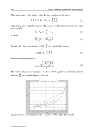 Matlab - Modelling, Programming and Simulations
136
The average value of the inductor voltage during a switching period is zero.
 
E
Uo
t
T
D
E 


 1 ;
E
U
T
D
E
t





0
1 (42)
Replacing equation (42) in the equation (41), and also considering the input and the output
power equals,
av
i
out
in I
E
R
Uo
P
P 



2
(43)
it results:
L
R
T
D
E
Uo
E
Uo











2
1
2
. (44)
Denoting the voltage transfer ratio with M=
E
Uo
, the equation (44) becomes:
 
2
1
2
D T R
M M
L
 
 

(45)
The solution of this equation is:
2
4
1 1
2
2
D T R
L
M
  
 

(46)
The variation of circuit transfer ratio M function of PWM signal duty-cycle D, for different
values of
2L
RT
parameters is shown in the figure:
Fig. 15. Variation of circuit transfer ratio M function of PWM signal duty-cycle D
www.intechopen.com
 