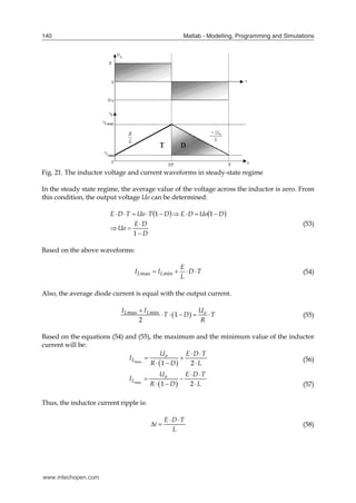 Matlab - Modelling, Programming and Simulations
140
Fig. 21. The inductor voltage and current waveforms in steady-state regime
In the steady state regime, the average value of the voltage across the inductor is zero. From
this condition, the output voltage Uo can be determined:
   
D
D
E
Uo
D
Uo
D
E
D
T
Uo
T
D
E













1
1
1
(53)
Based on the above waveforms:
max min
L L
E
I I D T
L
    (54)
Also, the average diode current is equal with the output current.
 
max min 1
2
L L o
I I U
T D T
R

     (55)
Based on the equations (54) and (55), the maximum and the minimum value of the inductor
current will be:
 
max
1 2
o
L
U E D T
I
R D L
 
 
  
(56)
 
min
1 2
o
L
U E D T
I
R D L
 
 
   (57)
Thus, the inductor current ripple is:
E D T
i
L
 
  (58)
www.intechopen.com
 