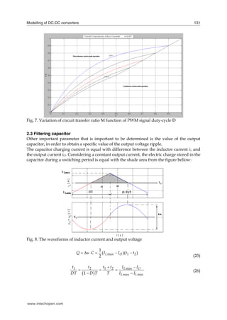 Modelling of DC-DC converters 131
Fig. 7. Variation of circuit transfer ratio M function of PWM signal duty-cycle D
2.3 Filtering capacitor
Other important parameter that is important to be determined is the value of the output
capacitor, in order to obtain a specific value of the output voltage ripple.
The capacitor charging current is equal with difference between the inductor current iL and
the output current iO. Considering a constant output current, the electric charge stored in the
capacitor during a switching period is equal with the shade area from the figure bellow:
Fig. 8. The waveforms of inductor current and output voltage
max 1 2
1
( )( )
2
L O
Q u C I I t t
     
(25)
 
1 2 1 2 max
max min
1
L O
L L
t t t t I I
DT D T T I I
 
  
 
(26)
www.intechopen.com
 