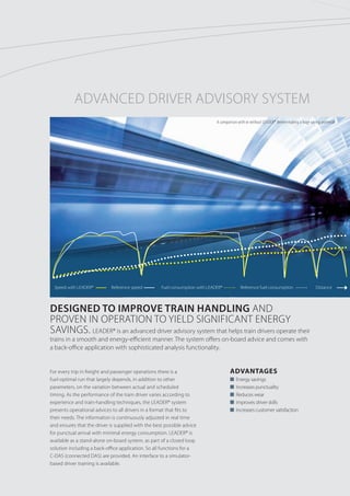 Advantages
n Energy savings
n Increases punctuality
n Reduces wear
n Improves driver skills
n Increases customer satisfaction
Advanced Driver ADVISORY System
Designed to improve train handling and
proven in operation to yield significant energy
savings. LEADER® is an advanced driver advisory system that helps train drivers operate their
trains in a smooth and energy-efficient manner. The system offers on-board advice and comes with
a back-office application with sophisticated analysis functionality.
For every trip in freight and passenger operations there is a
fuel-optimal run that largely depends, in addition to other
parameters, on the variation between actual and scheduled
timing. As the performance of the train driver varies according to
experience and train-handling techniques, the LEADER® system
presents operational advices to all drivers in a format that fits to
their needs. The information is continuously adjusted in real time
and ensures that the driver is supplied with the best possible advice
for punctual arrival with minimal energy consumption. LEADER® is
available as a stand-alone on-board system, as part of a closed loop
solution including a back-office application. So all functions for a
C-DAS (connected DAS) are provided. An interface to a simulator-
based driver training is available.
Speed with LEADER® 	 Reference speed	 Fuel consumption with LEADER®	 Reference fuel consumption	 Distance
A comparison with or without LEADER® demonstrating a huge saving potential
 