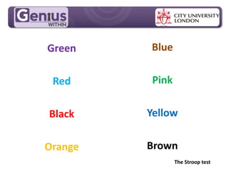 MPG Handout Pack
Green
Red
Black
Orange
The Stroop test
Blue
Pink
Yellow
Brown
 