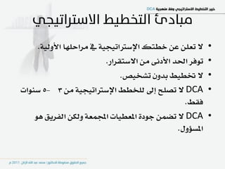 ‫ال تعًٔ عٔ خطتو اإلضرتاتٝذٝ١ يف َساسًٗا األٚيٝ١.‬       ‫•‬
                           ‫تٛؾس اؿد األدْ٢ َٔ االضتكساز.‬    ‫•‬
                                ‫ال ؽطٝط بدٕٚ تػدٝص.‬         ‫•‬
‫‪ DCA‬ال تصًح إىل يًدطط اإلضرتاتٝذٝ١ َٔ 3 -5 ضٓٛات‬            ‫•‬
                                                   ‫ؾكط.‬
    ‫‪ DCA‬ال تطُٔ دٛد٠ املعطٝات اجملُع١ ٚيهٔ ايؿسٜل ٖٛ‬        ‫•‬
                                                 ‫املطؤٍٚ.‬
 