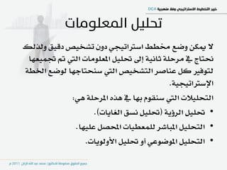 ‫ال ميهٔ ٚضع كطط اضرتاتٝذٞ دٕٚ تػدٝص دقٝل ٚيريو‬
 ‫متاز يف َسسً١ ثاْٝ١ إىل ؼًٌٝ املعًَٛات اييت مت ػُٝعٗا‬
‫يتٛؾري نٌ عٓاصس ايتػدٝص اييت ضٓشتادٗا يٛضع اـط١‬
                                           ‫اإلضرتاتٝذٝ١.‬
            ‫ايتشًٝالت اييت ضٓكّٛ بٗا يف ٖرٙ املسسً١ ٖٞ:‬
                   ‫• ؼًٌٝ ايسؤٜ١ (ؼًٌٝ ْطل ايػاٜات).‬
             ‫• ايتشًٌٝ املباغس يًُعطٝات احملصٌ عًٝٗا.‬
                 ‫• ايتشًٌٝ املٛضٛعٞ أٚ ؼًٌٝ األٚيٜٛات.‬
 