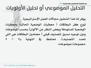 ‫ٜٛؾس يٓا ٖرا ايتشًٌٝ فاالت ايعٌُ اإلضرتاتٝذٝ١.‬
‫تٛشع نٌ ايبطاقات ( َعطٝات ايٛضعٝ١ اؿايٝ١ َٚعطٝات‬
‫ايٛضعٝ١ املطتٗدؾ١ ٚبػض ايٓعس عٔ األيٛإ) عطب املٛضٛعات‬
‫ٚدٕٚ تٛدٝ٘ َطبل يتصٓٝـ قبًٞ ( َطاَني ايبطاقات ٖٞ اييت‬
‫ؼدد ايتصٓٝـ). متؿغ يف ايٓٗاٜ١ بـ3 – 9‬
                                     ‫فُٛعات/َٛضٛعات.‬
 