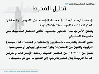 ‫يف ٖرٙ املسسً١ ْبشح يف قٝط املؤضط١ عٔ "ايؿسص" ٚ"املداطس"‬
                        ‫احملتًُ١ بايٓطب١ يًُٛضٛعات ذات األٚيٜٛ١.‬
‫ٜتعًل األَس يف ٖرا ايتشًٌٝ بتشدٜد ايتأثري احملتٌُ يًُشٝط عً٢‬
                                              ‫َػسٚعٓا املطتكبًٞ.‬
‫ْطع ال٥ش١ بايػسنا٤ ٚاحملاٚزٜٔ ٚايؿاعًني ٚاملتدخًني يهٌ َٛضٛع‬
 ‫/أٚيٜٛ١، ٚايرٜٔ َٔ احملتٌُ إٔ ٜهٕٛ هلِ تأثري إهابٞ أٚ ضًيب عًٝ٘.‬
‫ْطع َٔ 01 – 51 َٔ عٓاصس احملٝط ٚمدد اإلنساٖات ٚايؿسص‬
  ‫املتاس١ املستبط١ بهٌ عٓصس بايسدٛع إىل املعطٝات اييت مت ػُٝعٗا.‬
 