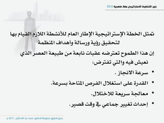 ‫متجٌ اـط١ اإلضرتاتٝذٝ١ اإلطاز ايعاّ يألْػط١ ايالشّ ايكٝاّ بٗا‬
             ‫يتشكٝل زؤٜ١ ٚزضاي١ ٚأٖداف املٓعُ١‬
     ‫إٕ ٖرا ايطُٛح تعرتض٘ عكبات ْابع١ َٔ طبٝع١ ايعصس ايرٟ‬
                                     ‫ْعٝؼ ؾٝ٘ ٚاييت تؿرتض:‬
                                               ‫• ضسع١ االلاش .‬
                   ‫• ايكدز٠ عً٢ اضتػالٍ ايؿسص املتاس١ بطسع١.‬
                                    ‫• َعاؾ١ ضسٜع١ يالختالٍ.‬
                           ‫• إسداخ تػٝري مجاعٞ يف ٚقت قصري.‬
 