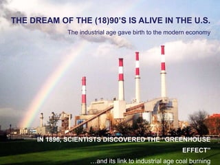 DESIGNING CLIMATE ACTION | WEEK 2: SEPTEMBER 17, 2015
THE DREAM OF THE (18)90’S IS ALIVE IN THE U.S.
The industrial age gave birth to the modern economy
IN 1896, SCIENTISTS DISCOVERED THE “GREENHOUSE
EFFECT”
…and its link to industrial age coal burning
 