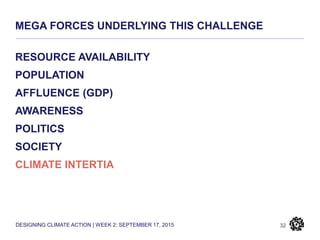 DESIGNING CLIMATE ACTION | WEEK 2: SEPTEMBER 17, 2015
MEGA FORCES UNDERLYING THIS CHALLENGE
32
RESOURCE AVAILABILITY
POPULATION
AFFLUENCE (GDP)
AWARENESS
POLITICS
SOCIETY
CLIMATE INTERTIA
 