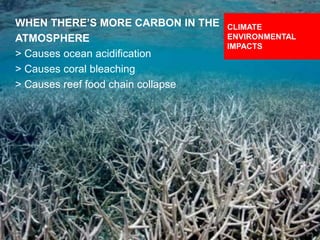DESIGNING CLIMATE ACTION | WEEK 2: SEPTEMBER 17, 2015 47
WHEN THERE’S MORE CARBON IN THE
ATMOSPHERE
> Causes ocean acidification
> Causes coral bleaching
> Causes reef food chain collapse
CLIMATE
ENVIRONMENTAL
IMPACTS
 