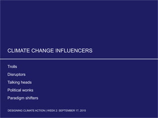 DESIGNING CLIMATE ACTION | WEEK 2: SEPTEMBER 17, 2015
CLIMATE CHANGE INFLUENCERS
Trolls
Disruptors
Talking heads
Political wonks
Paradigm shifters
DESIGNING CLIMATE ACTION | WEEK 2: SEPTEMBER 17, 2015
 