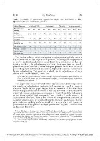 Pt 2] The Big Picture 125
Table (1): Number of adjudication applications lodged and determined in NSW,
Queensland, Victoria and Western Australia10
Claimed amount New South Wales Queensland Victoria Western Australia
Financial Year
Ending
2012 2013 2014 2013 2014 2015 2014 2015 2013 2014 2015
Lodged
applications
1112 1109 817 721 670 712 244 333 208 175 235
determination
released
779 672 556 531 471 407 193 225 86 101 153
Less than
AUS$100,000
573 523 385 375 347 290 164 256 91 51 86
AUS$100-249,999 106 83 70 45 48 40 29 34 32 31 33
AUS$250-499,999 46 26 46 40 17 22 12 11 20 30 26
Greater than
AUS$500,000
54 40 55 71 59 55 39 32 65 63 90
The parties to large payment disputes in adjudication typically invest a
lot of resources in the adjudication process, including the engagement
of lawyers and technical experts to reinforce their positions. This has the
tendency to force the adjudication process to drift away from the simple
process intended towards a more complex process more akin to curial
proceedings with substantial amounts of legal and technical submissions
before adjudicators. This provides a challenge to adjudicators of such
claims, whereas McDougall J noted that:
“[the NSW Act] provides a very limited time for adjudicators to make their decisions on
what, experience shows, are often extremely complex claims involving very substantial
volumes of documents”.11
This paper aims to identify and review the key causes that compromise
the quality of adjudication decisions with respect to complex payment
disputes. To do so, the paper begins with an overview of the Australian
statutory adjudication mechanisms. Next, the evidence for unsatisfactory
quality of complex adjudications outcome is reviewed, and the deﬁnitions
of the terms “quality” and “complexity” are considered in the context of
adjudication decisions. Finally, the causes of compromised outcome of
complex adjudications are distilled from the literature and discussed. The
paper adopts a desktop study approach to research, whereby evidence is
garnered from three primary sources: government reports, commentaries
and judicial decisions.
10
Note: The ﬁgures of categorized claims in NSW and Queensland relate to adjudication claims
upon which determinations were released in the reported ﬁnancial year. All ﬁgures are extracted from
the formal annual reports in each State as being published by (NSW: the Ofﬁce of Finance & Services;
Queensland: the Building and Construction Industry Payments Agency; Victoria: the Victorian Building
Authority; WA: the Building Commissioner).
11
Chase Oyster Bar Pty Ltd v Hamo Industries Pty Ltd [2010] NSWCA 190 at paragraphs 207 to 209;
(2010) 272 ALR 750.
© Informa plc 2016. This article first appeared in the International Construction Law Review Part 2 April 2016 [2016] ICLR 123
 