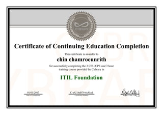 Certificate of Continuing Education Completion
This certificate is awarded to
chin chamroeunrith
for successfully completing the 3 CEU/CPE and 3 hour
training course provided by Cybrary in
ITIL Foundation
01/05/2017
Date of Completion
C-a921bd879-6c85ad
Certificate Number Ralph P. Sita, CEO
Official Cybrary Certificate - C-a921bd879-6c85ad
 