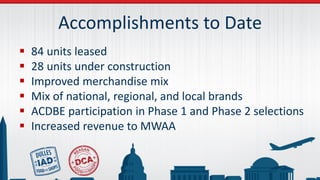 Accomplishments to Date
 84 units leased
 28 units under construction
 Improved merchandise mix
 Mix of national, regional, and local brands
 ACDBE participation in Phase 1 and Phase 2 selections
 Increased revenue to MWAA
 