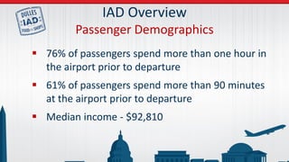  76% of passengers spend more than one hour in
the airport prior to departure
 61% of passengers spend more than 90 minutes
at the airport prior to departure
 Median income - $92,810
IAD Overview
Passenger Demographics
 