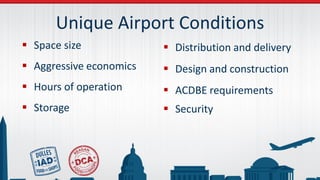 Unique Airport Conditions
 Space size
 Aggressive economics
 Hours of operation
 Storage
 Distribution and delivery
 Design and construction
 ACDBE requirements
 Security
 