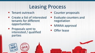  Tenant outreach
 Create a list of interested
tenants for different
opportunities
 Proposals sent to
interested / qualified
parties
 Counter proposals
 Evaluate counters and
negotiation
 MWAA approval
 Offer lease
Leasing Process
 