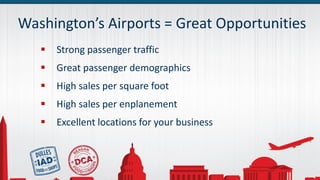 Washington’s Airports = Great Opportunities
 Strong passenger traffic
 Great passenger demographics
 High sales per square foot
 High sales per enplanement
 Excellent locations for your business
 