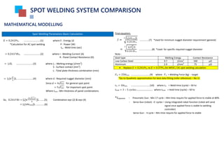 MATHEMATICAL MODELLING
SPOT WELDING SYSTEM COMPARISON
Spot Welding Parameters Basic Calculation
𝐸 = 0.241𝑃𝑡w .........................(1) where E : Energy (J)
*Calculation for AC spot welding P : Power (W)
tw : Weld time (sec)
= 0.241𝐼2 𝑅𝑡w .........................(2) where I : Welding Current (A)
R : Panel Contact Resistance (Ω)
= JvSL .........................(3) where Jv : Melting energy (J/mm3
)
S : Surface contact (mm2
)
L : Total plate thickness combination (mm)
= Jv[π
𝑑2
4
]L ........................(4) where d : Required nugget diameter (mm)
Since 𝑑 = 4 𝑡min for general spot point
= 5 𝑡min for important spot point
Where 𝑡min : Min thickness of panel combinations
So, 0.241𝐼2 𝑅𝑡 = Jv[π
(4 𝑡min)2
4
]L .......(5) Combination eqn (2) & eqn (4)
= Jv[π4𝑡min]]L .............(6)
Final equation;
𝐼 =
Jv[π4𝑡min]]L
0.241𝑅𝑡w
2
..............(7) *Used for minimum nugget diameter requirement (general)
=
Jv[π
𝑑2
4
]L
0.241𝑅𝑡w
2
....................(8) *Used for specific required nugget diameter
Note :
Steel type Melting Energy Contact Resistance
Low Carbon Steel 9.7 J/mm3
100 μΩ
Aluminum 2.9 J/mm3
75 μΩ
 Replace 𝐸 = 0.241𝑃𝑡w to 𝐸 = 0.37𝑃𝑡w for MFDC / DC spot welding calculation
𝐹w = 250𝑡min .............................(9) where 𝐹w = Welding Force (kg) - target
*Go to Quadratic approximation for best data fitting (refer reference) – No 11
𝑡w = 10𝑡min .............................(10) where 𝑡w = Weld time (cycle) – 50 hz
𝑡hold = 3 ~ 5 𝑐𝑦𝑐𝑙𝑒𝑠.................... where 𝑡hold = Hold time (cycle) – 50 hz
*𝑡squeeze - Pneumatic Gun : Min 17 cycle – Min time require for applied force to stable at 80%
- Servo Gun (robot) : 0 cycles – Using integrated robot function (robot will send
signal once applied force is stable to welding
controller)
Servo Gun : 4 cycle – Min time require for applied force to stable
 