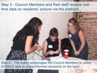 Prototype in action!
Step 1 - Data facts are
strategically placed to cause
public outcry.
Step 2 - Residents feel
compelled to act and
do so by engaging our
platform.
Step 3 - Council Members and their staff receive real-
time data on residents’ actions via the platform…
Step 4 - The outcry encourages the Council Members to utilize
DCA4C’s data to make informed decisions on the topic…
 