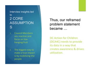 Thus, our reframed
problem statement
became …
Interview insights led
to
2 CORE
ASSUMPTION
S
DC Action for Children
(DCA4C) needs to provide
its data in a way that
creates awareness & drives
utilization.
1. Council Members
are reactive and
focus on low
hanging fruit
2. The biggest way to
make a true impact
is by mobilizing the
people
 