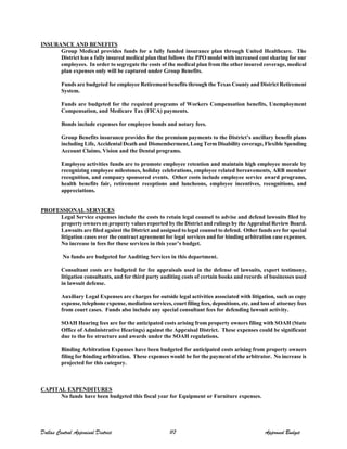 INSURANCE AND BENEFITS
Group Medical provides funds for a fully funded insurance plan through United Healthcare. The
District has a fully insured medical plan that follows the PPO model with increased cost sharing for our
employees. In order to segregate the costs of the medical plan from the other insured coverage, medical
plan expenses only will be captured under Group Benefits.
Funds are budgeted for employee Retirement benefits through the Texas County and District Retirement
System.
Funds are budgeted for the required programs of Workers Compensation benefits, Unemployment
Compensation, and Medicare Tax (FICA) payments.
Bonds include expenses for employee bonds and notary fees.
Group Benefits insurance provides for the premium payments to the District’s ancillary benefit plans
including Life, Accidental Death and Dismemberment, Long Term Disability coverage, Flexible Spending
Account Claims, Vision and the Dental programs.
Employee activities funds are to promote employee retention and maintain high employee morale by
recognizing employee milestones, holiday celebrations, employee related bereavements, ARB member
recognition, and company sponsored events. Other costs include employee service award programs,
health benefits fair, retirement receptions and luncheons, employee incentives, recognitions, and
appreciations.
PROFESSIONAL SERVICES
Legal Service expenses include the costs to retain legal counsel to advise and defend lawsuits filed by
property owners on property values reported by the District and rulings by the Appraisal Review Board.
Lawsuits are filed against the District and assigned to legal counsel to defend. Other funds are for special
litigation cases over the contract agreement for legal services and for binding arbitration case expenses.
No increase in fees for these services in this year’s budget.
No funds are budgeted for Auditing Services in this department.
Consultant costs are budgeted for fee appraisals used in the defense of lawsuits, expert testimony,
litigation consultants, and for third party auditing costs of certain books and records of businesses used
in lawsuit defense.
Auxiliary Legal Expenses are charges for outside legal activities associated with litigation, such as copy
expense, telephone expense, mediation services, court filing fees, depositions, etc. and loss of attorney fees
from court cases. Funds also include any special consultant fees for defending lawsuit activity.
SOAH Hearing fees are for the anticipated costs arising from property owners filing with SOAH (State
Office of Administrative Hearings) against the Appraisal District. These expenses could be significant
due to the fee structure and awards under the SOAH regulations.
Binding Arbitration Expenses have been budgeted for anticipated costs arising from property owners
filing for binding arbitration. These expenses would be for the payment of the arbitrator. No increase is
projected for this category.
CAPITAL EXPENDITURES
No funds have been budgeted this fiscal year for Equipment or Furniture expenses.
Dallas Central Appraisal District 117 Approved Budget
 