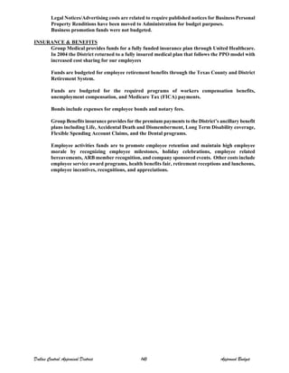 Legal Notices/Advertising costs are related to require published notices for Business Personal
Property Renditions have been moved to Administration for budget purposes.
Business promotion funds were not budgeted.
INSURANCE & BENEFITS
Group Medical provides funds for a fully funded insurance plan through United Healthcare.
In 2004 the District returned to a fully insured medical plan that follows the PPO model with
increased cost sharing for our employees
Funds are budgeted for employee retirement benefits through the Texas County and District
Retirement System.
Funds are budgeted for the required programs of workers compensation benefits,
unemployment compensation, and Medicare Tax (FICA) payments.
Bonds include expenses for employee bonds and notary fees.
Group Benefits insurance provides for the premium payments to the District’s ancillary benefit
plans including Life, Accidental Death and Dismemberment, Long Term Disability coverage,
Flexible Spending Account Claims, and the Dental programs.
Employee activities funds are to promote employee retention and maintain high employee
morale by recognizing employee milestones, holiday celebrations, employee related
bereavements, ARB member recognition, and company sponsored events. Other costs include
employee service award programs, health benefits fair, retirement receptions and luncheons,
employee incentives, recognitions, and appreciations.
Dallas Central Appraisal District 145 Approved Budget
 