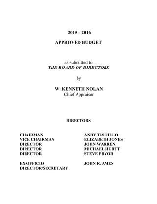 2015 – 2016
APPROVED BUDGET
as submitted to
THE BOARD OF DIRECTORS
by
W. KENNETH NOLAN
Chief Appraiser
DIRECTORS
CHAIRMAN ANDY TRUJILLO
VICE CHAIRMAN ELIZABETH JONES
DIRECTOR JOHN WARREN
DIRECTOR MICHAEL HURTT
DIRECTOR STEVE PRYOR
EX OFFICIO JOHN R. AMES
DIRECTOR/SECRETARY
 