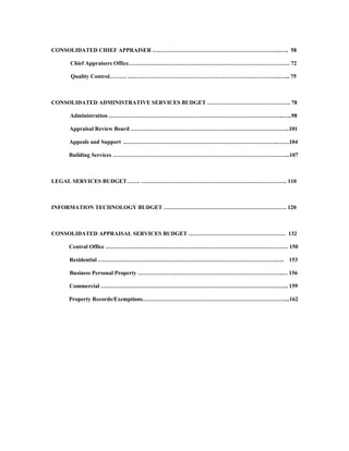 CONSOLIDATED CHIEF APPRAISER ………………………………………………………….….. 58
Chief Appraisers Office…………………………………………………………………………. 72
Quality Control……… .…………………………………………………………………….…... 75
CONSOLIDATED ADMINISTRATIVE SERVICES BUDGET …………………………………….. 78
Administration ………………………………………………………………………………..…..98
Appraisal Review Board ………………………………………………………………….……..101
Appeals and Support ..……………………………………………………………………..……104
Building Services …………………………………………………………………………….…...107
LEGAL SERVICES BUDGET……. ………………………………………………………………….. 110
INFORMATION TECHNOLOGY BUDGET …………………………………………………….…. 120
CONSOLIDATED APPRAISAL SERVICES BUDGET …………………………………………… 132
Central Office …………………………………………………………………………………… 150
Residential ………………………………………………………………………………….…. 153
Business Personal Property ………………………………………………………………….… 156
Commercial ………………………………………………………………………………….….. 159
Property Records/Exemptions…………………………………………………………………...162
 