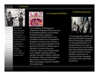 La Guerra
La Guerra de Vietnam,
llamada también Segunda
Guerra de Indochina, fue
un conflicto bélico que
enfrentó entre 1958 y 1975
a la República de Vietnam
(o la Vietnam del Sur),
apoyada principalmente
por los Estados Unidos, y
Vietnam del Norte,
apoyado por el bloque
comunista, en el contexto
general de la guerra fría
La Democratización
En este apartado os hablare del
paso de la dictadura Franquista
hacia la Democracia española.
La Transición Española es el
periodo histórico en el que se
da el proceso por el que España
deja atrás el régimen dictatorial
del general Francisco Franco,
pasando a regirse por una
Constitución que consagraba
un Estado social, democrático
de Derecho
La Corrupción Política
Los escándalos del Watergate (o
simplemente Watergate) fueron una serie
de escándalos políticos en los Estados
Unidos de América durante la
presidencia de Richard Nixon. Estos
escándalos acabaron con la imputación
de algunos consejeros muy cercanos a
Nixon, y con su propia dimisión el 8 de
agosto de 1974.Esto es debido a que se
descubrió el enorme alcance de
crímenes y abusos, que incluían fraude
en la campaña, espionaje político y
sabotaje, intrusiones ilegales, auditorías
de impuestos falsas, escuchas ilegales a
gran escala, y un fondo secreto en
México para pagar a quienes realizaban
estas operaciones.
 