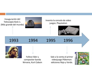 Inauguración del
                                           Inventa la consola de video
  Telescopio Keck 1.
                                               juegos: Playstation
(Más grande del mundo)




       1993              1994              1995               1996


                       Fallece líder y          Sale a la venta el primer
                     compositor banda            videojuego Pókemon:
                    Nirvana, Kurt Cobain        ediciones Roja y Verde.
 
