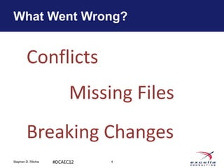 What Went Wrong?


         Conflicts
                           Missing Files
         Breaking Changes
Stephen D. Ritchie   #DCAEC12   4
 