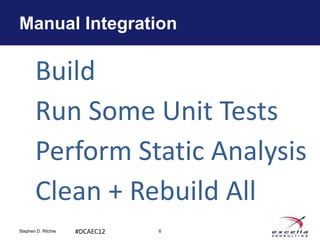Manual Integration

       Build
       Run Some Unit Tests
       Perform Static Analysis
       Clean + Rebuild All
Stephen D. Ritchie   #DCAEC12   6
 