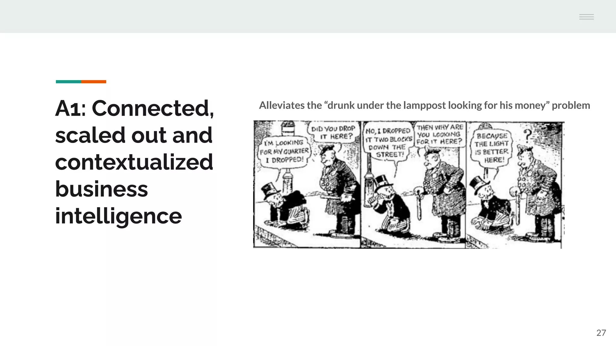 A1: Connected,
scaled out and
contextualized
business
intelligence
27
Alleviates the “drunk under the lamppost looking for his money” problem
 