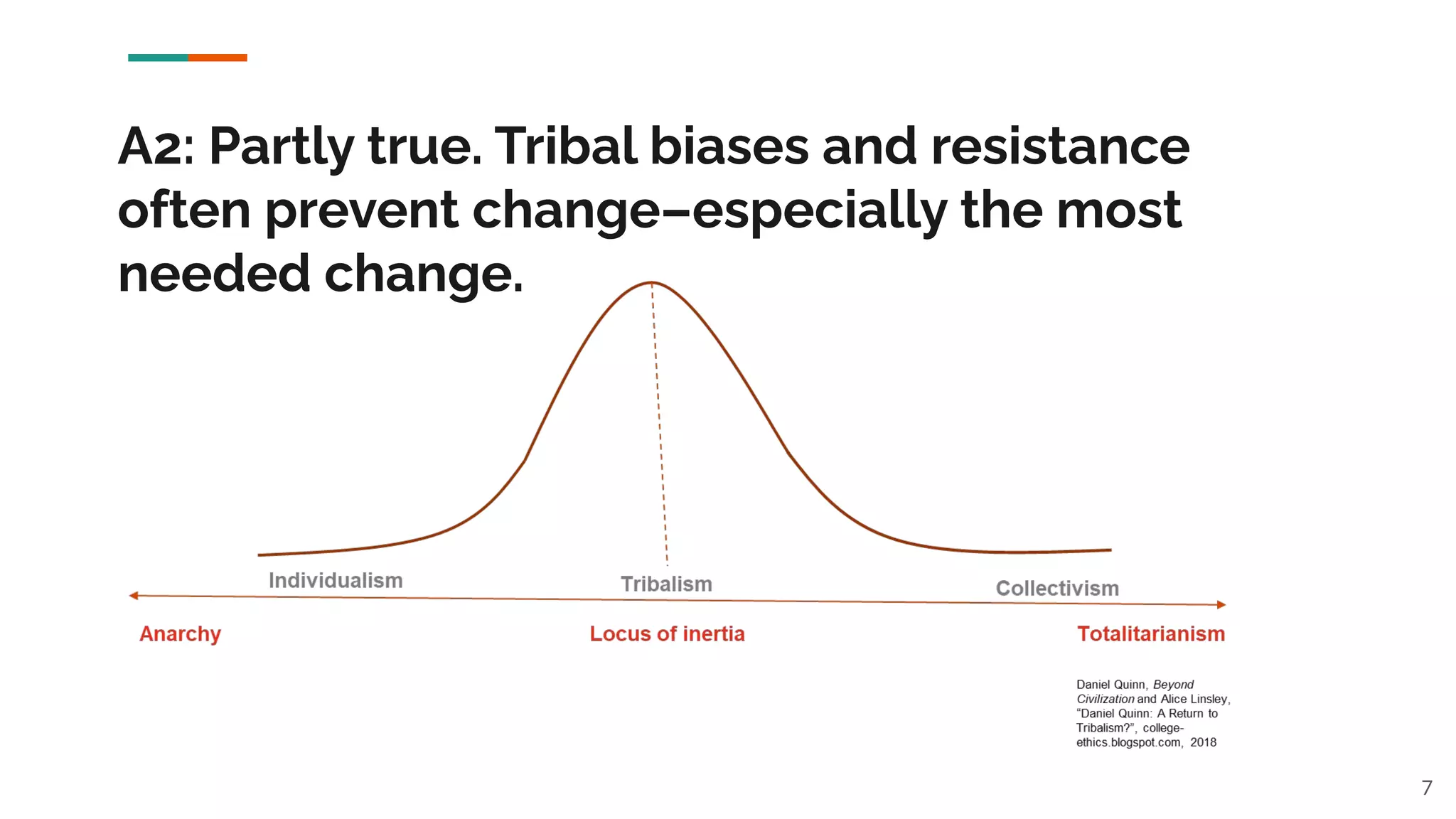A2: Partly true. Tribal biases and resistance
often prevent change–especially the most
needed change.
7
 