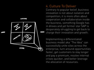 4. Culture To Deliver
Contrary to popular belief, business
innovation is not about isolation and
competition; it is more often about
cooperation and collaboration inside
the business, something Google has
in droves and yet former star SAP is
desperately struggling to get back to
charge their innovation and growth.

Implementing a differentiated
business model aka “The Idea” can
successfully unite silos across the
enterprise, turn around opportunities
faster, get customers to stay longer
and pay a premium, resolve internal
crises quicker, and better leverage
the allocation of resources.
	
  
 