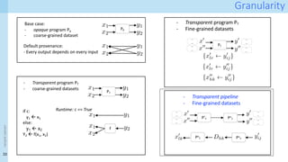 33
<event
name>
Granularity
Base case:
- opaque program Po
- coarse-grained dataset
Default provenance:
- Every output depends on every input
<latexit sha1_base64="7Vic4pjHuZg2JCQiZFc95WbmPNk=">AAAJ6nicjZZfb9s2EMDVrtvidH/a7bEvRIOgA7aldlFse6yzemmAIvG2pC0QBwZFnRWiFKmRlF3D0EfoSx9WFHvdF9rjvk2PshtRlNpNgAHe3e+OR9/xpDgX3Nh+/98rVz+69vEnn271tq9/9vkXX964+dUTowrN4JQpofSzmBoQXMKp5VbAs1wDzWIBT+PnPzv70zlow5U8scsczjOaSj7jjFpU/f5iem96Y6e/168e0l4MNoudaPOMpze3/pkkihUZSMsENeZs0M/t+Ypqy5mAcntSGMgpe05TOMOlpBmY81WVa0l2UZOQmdL4k5ZUWt9jRTNjllmMZEbthQltTtllOyvs7KfzFZd5YUGy9UazQhCriDs4SbgGZsUSF5RpjrkSdkE1ZRb/nm18JhIWTGUZlclqkms1L1cTtw23q0oqm0QCeQ04oQwj+P6hVcWz2kxj0/JWwnNHoQwTTGv7+CB0B1lbRzK04plr8xCF0O7FHqatrV0FEXi8ISoxiLBI46WHLNL9ZYhwORMFVgp8jprDd+qk7bJIZk34IWg+h+QXrbIWSxcNdtE6pLX6RDWY1h/hVB8EEhCQUuufgcaqHcYda3/ZOqnSWdc5jcW75MFrOSyxXwOQrgRBnUZeB49a/YtjQukEXJfiksEf77HnmmdwCd0JmwHmGfUuwlpspSJVAjV05KRgO3dHa6KSwgMLGoN3K9ZimE9ajIYu23S6Sou7QMuSkF2Sgvy+MDgmiMJpSHBycTDfEbwIfM7dOgzCvSi8ChMSdDQ8uES+RcTdlOZeSJJM6fduSnJRGDJEB4sTaHeXqBw0tUqH6WhVeP/xQSW27mxA0bSTM13BpthiOKIClAllvCFUiQGiIfcq4iTKWoWjaRNbyx2ghgUOaT9eJYd98MK6dq9bbi2H7fu/ss/8zTIsU1fuld4biL91kkrnF1SG9HGl7fagQnQ7DYX4kB/ih0YJHDtJI/1LZVhH9d810uHtCoGxe+/Wb5zhyaOQODw6qoHJHEfWBVg6xVdyq7OOT086UVXYFnt41M1y2WaTZtGTrqKPjx978RgVZFyW+BE0CD952osn9/YGP+zd//X+zoP9zefQVnQruh19Ew2iH6MH0aNoHJ1GLEqjl9Gf0eue6L3qven9tUavXtn4fB01nt7fbwE5Fckp</latexit>
x2
<latexit sha1_base64="r+fEUvStuYOORyMK9Rc4VuDM2e8=">AAAJ6nicjZbdb9s2EMDVj61x9tWPx70QDYIN2JbZRdH2sU7npQGKxNuStkAcGBR1VohSpEpSdg1Df8Je9rCi2Ov+oT3uv9lR9iKKUrsJMMC7+93x6DueFOeCG9vv/33l6rXrH318Y6u3/cmnn33+xc1bt58bVWgGp0wJpV/G1IDgEk4ttwJe5hpoFgt4Eb964uwv5qANV/LELnM4z2gq+YwzalH1y5vpYHpzp7/Xrx7SXgw2i51o84ynt7b+miSKFRlIywQ15mzQz+35imrLmYBye1IYyCl7RVM4w6WkGZjzVZVrSXZRk5CZ0viTllRa32NFM2OWWYxkRu2FCW1O2WU7K+zs0fmKy7ywINl6o1khiFXEHZwkXAOzYokLyjTHXAm7oJoyi3/PNj4TCQumsozKZDXJtZqXq4nbhttVJZVNIoG8BpxQhhF8/9Cq4lltprFpeSvhuaNQhgmmtX18ELqDrK0jGVrxzLV5iEJo92IP09bWroIIPNsQlRhEWKTx0kMW6f4yRLiciQIrBT5HzeG/6qTtskhmTfgH0HwOyY9aZS2WLhrsonVIa/WJajCtP8KpPggkICCl1j8DjVU7jDvW/rJ1UqWzrnMai3fJg9dyWGK/BiBdCYI6jbwOHrX6F8eE0gm4LsUlg9fvseeaZ3AJfRU2A8wz6l2EtdhKRaoEaujIScF27o7WRCWFBxY0Bu9WrMUwn7QYDV226XSVFt8DLUtCdkkK8rvC4JggCqchwcnFwXxL8CLwOXfrMAj3ovAqTEjQ0fDgEvkGEXdTmnshSTKl37spyUVhyBAdLE6g3V2ictDUKh2mo1Xh/ccHldi6swFF007OdAWbYovhiApQJpTxhlAlBoiG3KuIkyhrFY6mTWwtd4AaFjik/XiVHPbBG+vavW65tRy27//KPvM3y7BMXblXem8g/txJKp1fUBnSx5W224MK0e00FOJDfogfGiVw7CSN9C+VYR3Vf9dIh7crBMbuvVu/cYYnT0Pi8OioBiZzHFkXYOkUX8mtzjo+PelEVWFb7OFRN8tlm02aRU+6ij4+fubFY1SQcVniR9Ag/ORpL57f2xs82Lv/0/2dx/ubz6Gt6MvobvR1NIgeRo+jp9E4Oo1YlEa/Rr9Hb3ui91vvXe+PNXr1ysbnTtR4en/+Ay+RySg=</latexit>
x1
<latexit sha1_base64="xzqgBwgQmDpW/YChTUBac1Vu1fE=">AAAJ6nicjZZfb9s2EMDVdlvjdH/657EvxIJgA7ZldlG0fazTemmAIvG2pC0QBwZFnRWiFKmSlF3D0EfYyx42DHvdF9rjvk2PshdRlNpNgAHe3e+OR9/xpDgX3Nh+/58rV6999PEn17d62zc+/ezzL27euv3CqEIzOGVKKP0qpgYEl3BquRXwKtdAs1jAy/j1E2d/OQdtuJIndpnDeUZTyWecUYuqn5fTe9ObO/29fvWQ9mKwWexEm2c8vbX19yRRrMhAWiaoMWeDfm7PV1RbzgSU25PCQE7Za5rCGS4lzcCcr6pcS7KLmoTMlMaftKTS+h4rmhmzzGIkM2ovTGhzyi7bWWFnj85XXOaFBcnWG80KQawi7uAk4RqYFUtcUKY55krYBdWUWfx7tvGZSFgwlWVUJqtJrtW8XE3cNtyuKqlsEgnkNeCEMozg+4dWFc9qM41Ny1sJzx2FMkwwre3jg9AdZG0dydCKZ67NQxRCuxd7mLa2dhVE4PmGqMQgwiKNlx6ySPeXIcLlTBRYKfA5ag7/VSdtl0Uya8JPQfM5JD9olbVYumiwi9YhrdUnqsG0/gin+iCQgICUWv8MNFbtMO5Y+8vWSZXOus5pLN4lD17LYYn9GoB0JQjqNPI6eNTqXxwTSifguhSXDN68x55rnsEl9FXYDDDPqHcR1mIrFakSqKEjJwXbuTtaE5UUHljQGLxbsRbDfNJiNHTZptNVWnwPtCwJ2SUpyO8Kg2OCKJyGBCcXB/MtwYvA59ytwyDci8KrMCFBR8ODS+QbRNxNae6FJMmUfu+mJBeFIUN0sDiBdneJykFTq3SYjlaF9x8fVGLrzgYUTTs50xVsii2GIypAmVDGG0KVGCAacq8iTqKsVTiaNrG13AFqWOCQ9uNVctgHb61r97rl1nLYvv8r+8zfLMMydeVe6b2B+FMnqXR+QWVIH1fabg8qRLfTUIgP+SF+aJTAsZM00r9UhnVU/10jHd6uEBi79279xhmePAuJw6OjGpjMcWRdgKVTfCW3Ouv49KQTVYVtsYdH3SyXbTZpFj3pKvr4+LkXj1FBxmWJH0GD8JOnvXhxb2/wYO/+j/d3Hu9vPoe2orvRl9HX0SB6GD2OnkXj6DRiURr9Ev0W/d4TvV97f/T+XKNXr2x87kSNp/fXO0KbySo=</latexit>
y2
<latexit sha1_base64="CU9JDVqglwSIhF3eDSADQxQg63A=">AAAJ6nicjZbdb9s2EMDVj61x9tWPx70QC4IN2JbaQ9H2sc7qpgGKxNuStkAcGBR1VohSpEpSdg1Df8Je9tCh2Ov+oT3uv9lR9iKKUrsJMMC7+93x6DueFOeCG9vv/33l6rXrH318Y6u3/cmnn33+xc1bt58bVWgGp0wJpV/G1IDgEk4ttwJe5hpoFgt4Eb/60dlfzEEbruSJXeZwntFU8hln1KLql+V0ML2509/rVw9pLwabxU60ecbTW1t/TRLFigykZYIaczbo5/Z8RbXlTEC5PSkM5JS9oimc4VLSDMz5qsq1JLuoSchMafxJSyqt77GimTHLLEYyo/bChDan7LKdFXb28HzFZV5YkGy90awQxCriDk4SroFZscQFZZpjroRdUE2Zxb9nG5+JhAVTWUZlsprkWs3L1cRtw+2qksomkUBeA04owwi+f2hV8aw209i0vJXw3FEowwTT2j4+CN1B1taRDK145to8RCG0e7GHaWtrV0EEnm2ISgwiLNJ46SGLdH8ZIlzORIGVAp+j5vBfddJ2WSSzJvwYNJ9D8kSrrMXSRYNdtA5prT5RDab1RzjVB4EEBKTU+megsWqHccfaX7ZOqnTWdU5j8S558FoOS+zXAKQrQVCnkdfBo1b/4phQOgHXpbhk8Po99lzzDC6hr8NmgHlGvYuwFlupSJVADR05KdjO3dGaqKTwwILG4N2KtRjmkxajocs2na7S4i7QsiRkl6Qgvy8MjgmicBoSnFwczHcELwKfc7cOg3AvCq/ChAQdDQ8ukW8RcTeluReSJFP6vZuSXBSGDNHB4gTa3SUqB02t0mE6WhXef3xQia07G1A07eRMV7ApthiOqABlQhlvCFVigGjIvYo4ibJW4WjaxNZyB6hhgUPaj1fJYR+8sa7d65Zby2H7/q/sM3+zDMvUlXul9wbiz52k0vkFlSF9XGm7PagQ3U5DIT7kh/ihUQLHTtJI/1IZ1lH9d410eLtCYOzeu/UbZ3jyNCQOj45qYDLHkXUBlk7xldzqrOPTk05UFbbFHh51s1y22aRZ9KSr6OPjZ148RgUZlyV+BA3CT5724vkPe4P7e/d+urfzaH/zObQVfRl9FX0TDaIH0aPoaTSOTiMWpdGv0dvo957o/dZ71/tjjV69svG5EzWe3p//ADkXySk=</latexit>
y1
P0
<latexit sha1_base64="7Vic4pjHuZg2JCQiZFc95WbmPNk=">AAAJ6nicjZZfb9s2EMDVrtvidH/a7bEvRIOgA7aldlFse6yzemmAIvG2pC0QBwZFnRWiFKmRlF3D0EfoSx9WFHvdF9rjvk2PshtRlNpNgAHe3e+OR9/xpDgX3Nh+/98rVz+69vEnn271tq9/9vkXX964+dUTowrN4JQpofSzmBoQXMKp5VbAs1wDzWIBT+PnPzv70zlow5U8scsczjOaSj7jjFpU/f5iem96Y6e/168e0l4MNoudaPOMpze3/pkkihUZSMsENeZs0M/t+Ypqy5mAcntSGMgpe05TOMOlpBmY81WVa0l2UZOQmdL4k5ZUWt9jRTNjllmMZEbthQltTtllOyvs7KfzFZd5YUGy9UazQhCriDs4SbgGZsUSF5RpjrkSdkE1ZRb/nm18JhIWTGUZlclqkms1L1cTtw23q0oqm0QCeQ04oQwj+P6hVcWz2kxj0/JWwnNHoQwTTGv7+CB0B1lbRzK04plr8xCF0O7FHqatrV0FEXi8ISoxiLBI46WHLNL9ZYhwORMFVgp8jprDd+qk7bJIZk34IWg+h+QXrbIWSxcNdtE6pLX6RDWY1h/hVB8EEhCQUuufgcaqHcYda3/ZOqnSWdc5jcW75MFrOSyxXwOQrgRBnUZeB49a/YtjQukEXJfiksEf77HnmmdwCd0JmwHmGfUuwlpspSJVAjV05KRgO3dHa6KSwgMLGoN3K9ZimE9ajIYu23S6Sou7QMuSkF2Sgvy+MDgmiMJpSHBycTDfEbwIfM7dOgzCvSi8ChMSdDQ8uES+RcTdlOZeSJJM6fduSnJRGDJEB4sTaHeXqBw0tUqH6WhVeP/xQSW27mxA0bSTM13BpthiOKIClAllvCFUiQGiIfcq4iTKWoWjaRNbyx2ghgUOaT9eJYd98MK6dq9bbi2H7fu/ss/8zTIsU1fuld4biL91kkrnF1SG9HGl7fagQnQ7DYX4kB/ih0YJHDtJI/1LZVhH9d810uHtCoGxe+/Wb5zhyaOQODw6qoHJHEfWBVg6xVdyq7OOT086UVXYFnt41M1y2WaTZtGTrqKPjx978RgVZFyW+BE0CD952osn9/YGP+zd//X+zoP9zefQVnQruh19Ew2iH6MH0aNoHJ1GLEqjl9Gf0eue6L3qven9tUavXtn4fB01nt7fbwE5Fckp</latexit>
x2
<latexit sha1_base64="r+fEUvStuYOORyMK9Rc4VuDM2e8=">AAAJ6nicjZbdb9s2EMDVj61x9tWPx70QDYIN2JbZRdH2sU7npQGKxNuStkAcGBR1VohSpEpSdg1Df8Je9rCi2Ov+oT3uv9lR9iKKUrsJMMC7+93x6DueFOeCG9vv/33l6rXrH318Y6u3/cmnn33+xc1bt58bVWgGp0wJpV/G1IDgEk4ttwJe5hpoFgt4Eb964uwv5qANV/LELnM4z2gq+YwzalH1y5vpYHpzp7/Xrx7SXgw2i51o84ynt7b+miSKFRlIywQ15mzQz+35imrLmYBye1IYyCl7RVM4w6WkGZjzVZVrSXZRk5CZ0viTllRa32NFM2OWWYxkRu2FCW1O2WU7K+zs0fmKy7ywINl6o1khiFXEHZwkXAOzYokLyjTHXAm7oJoyi3/PNj4TCQumsozKZDXJtZqXq4nbhttVJZVNIoG8BpxQhhF8/9Cq4lltprFpeSvhuaNQhgmmtX18ELqDrK0jGVrxzLV5iEJo92IP09bWroIIPNsQlRhEWKTx0kMW6f4yRLiciQIrBT5HzeG/6qTtskhmTfgH0HwOyY9aZS2WLhrsonVIa/WJajCtP8KpPggkICCl1j8DjVU7jDvW/rJ1UqWzrnMai3fJg9dyWGK/BiBdCYI6jbwOHrX6F8eE0gm4LsUlg9fvseeaZ3AJfRU2A8wz6l2EtdhKRaoEaujIScF27o7WRCWFBxY0Bu9WrMUwn7QYDV226XSVFt8DLUtCdkkK8rvC4JggCqchwcnFwXxL8CLwOXfrMAj3ovAqTEjQ0fDgEvkGEXdTmnshSTKl37spyUVhyBAdLE6g3V2ictDUKh2mo1Xh/ccHldi6swFF007OdAWbYovhiApQJpTxhlAlBoiG3KuIkyhrFY6mTWwtd4AaFjik/XiVHPbBG+vavW65tRy27//KPvM3y7BMXblXem8g/txJKp1fUBnSx5W224MK0e00FOJDfogfGiVw7CSN9C+VYR3Vf9dIh7crBMbuvVu/cYYnT0Pi8OioBiZzHFkXYOkUX8mtzjo+PelEVWFb7OFRN8tlm02aRU+6ij4+fubFY1SQcVniR9Ag/ORpL57f2xs82Lv/0/2dx/ubz6Gt6MvobvR1NIgeRo+jp9E4Oo1YlEa/Rr9Hb3ui91vvXe+PNXr1ysbnTtR4en/+Ay+RySg=</latexit>
x1
<latexit sha1_base64="xzqgBwgQmDpW/YChTUBac1Vu1fE=">AAAJ6nicjZZfb9s2EMDVdlvjdH/657EvxIJgA7ZldlG0fazTemmAIvG2pC0QBwZFnRWiFKmSlF3D0EfYyx42DHvdF9rjvk2PshdRlNpNgAHe3e+OR9/xpDgX3Nh+/58rV6999PEn17d62zc+/ezzL27euv3CqEIzOGVKKP0qpgYEl3BquRXwKtdAs1jAy/j1E2d/OQdtuJIndpnDeUZTyWecUYuqn5fTe9ObO/29fvWQ9mKwWexEm2c8vbX19yRRrMhAWiaoMWeDfm7PV1RbzgSU25PCQE7Za5rCGS4lzcCcr6pcS7KLmoTMlMaftKTS+h4rmhmzzGIkM2ovTGhzyi7bWWFnj85XXOaFBcnWG80KQawi7uAk4RqYFUtcUKY55krYBdWUWfx7tvGZSFgwlWVUJqtJrtW8XE3cNtyuKqlsEgnkNeCEMozg+4dWFc9qM41Ny1sJzx2FMkwwre3jg9AdZG0dydCKZ67NQxRCuxd7mLa2dhVE4PmGqMQgwiKNlx6ySPeXIcLlTBRYKfA5ag7/VSdtl0Uya8JPQfM5JD9olbVYumiwi9YhrdUnqsG0/gin+iCQgICUWv8MNFbtMO5Y+8vWSZXOus5pLN4lD17LYYn9GoB0JQjqNPI6eNTqXxwTSifguhSXDN68x55rnsEl9FXYDDDPqHcR1mIrFakSqKEjJwXbuTtaE5UUHljQGLxbsRbDfNJiNHTZptNVWnwPtCwJ2SUpyO8Kg2OCKJyGBCcXB/MtwYvA59ytwyDci8KrMCFBR8ODS+QbRNxNae6FJMmUfu+mJBeFIUN0sDiBdneJykFTq3SYjlaF9x8fVGLrzgYUTTs50xVsii2GIypAmVDGG0KVGCAacq8iTqKsVTiaNrG13AFqWOCQ9uNVctgHb61r97rl1nLYvv8r+8zfLMMydeVe6b2B+FMnqXR+QWVIH1fabg8qRLfTUIgP+SF+aJTAsZM00r9UhnVU/10jHd6uEBi79279xhmePAuJw6OjGpjMcWRdgKVTfCW3Ouv49KQTVYVtsYdH3SyXbTZpFj3pKvr4+LkXj1FBxmWJH0GD8JOnvXhxb2/wYO/+j/d3Hu9vPoe2orvRl9HX0SB6GD2OnkXj6DRiURr9Ev0W/d4TvV97f/T+XKNXr2x87kSNp/fXO0KbySo=</latexit>
y2
<latexit sha1_base64="CU9JDVqglwSIhF3eDSADQxQg63A=">AAAJ6nicjZbdb9s2EMDVj61x9tWPx70QC4IN2JbaQ9H2sc7qpgGKxNuStkAcGBR1VohSpEpSdg1Df8Je9tCh2Ov+oT3uv9lR9iKKUrsJMMC7+93x6DueFOeCG9vv/33l6rXrH318Y6u3/cmnn33+xc1bt58bVWgGp0wJpV/G1IDgEk4ttwJe5hpoFgt4Eb/60dlfzEEbruSJXeZwntFU8hln1KLql+V0ML2509/rVw9pLwabxU60ecbTW1t/TRLFigykZYIaczbo5/Z8RbXlTEC5PSkM5JS9oimc4VLSDMz5qsq1JLuoSchMafxJSyqt77GimTHLLEYyo/bChDan7LKdFXb28HzFZV5YkGy90awQxCriDk4SroFZscQFZZpjroRdUE2Zxb9nG5+JhAVTWUZlsprkWs3L1cRtw+2qksomkUBeA04owwi+f2hV8aw209i0vJXw3FEowwTT2j4+CN1B1taRDK145to8RCG0e7GHaWtrV0EEnm2ISgwiLNJ46SGLdH8ZIlzORIGVAp+j5vBfddJ2WSSzJvwYNJ9D8kSrrMXSRYNdtA5prT5RDab1RzjVB4EEBKTU+megsWqHccfaX7ZOqnTWdU5j8S558FoOS+zXAKQrQVCnkdfBo1b/4phQOgHXpbhk8Po99lzzDC6hr8NmgHlGvYuwFlupSJVADR05KdjO3dGaqKTwwILG4N2KtRjmkxajocs2na7S4i7QsiRkl6Qgvy8MjgmicBoSnFwczHcELwKfc7cOg3AvCq/ChAQdDQ8ukW8RcTeluReSJFP6vZuSXBSGDNHB4gTa3SUqB02t0mE6WhXef3xQia07G1A07eRMV7ApthiOqABlQhlvCFVigGjIvYo4ibJW4WjaxNZyB6hhgUPaj1fJYR+8sa7d65Zby2H7/q/sM3+zDMvUlXul9wbiz52k0vkFlSF9XGm7PagQ3U5DIT7kh/ihUQLHTtJI/1IZ1lH9d410eLtCYOzeu/UbZ3jyNCQOj45qYDLHkXUBlk7xldzqrOPTk05UFbbFHh51s1y22aRZ9KSr6OPjZ148RgUZlyV+BA3CT5724vkPe4P7e/d+urfzaH/zObQVfRl9FX0TDaIH0aPoaTSOTiMWpdGv0dvo957o/dZ71/tjjV69svG5EzWe3p//ADkXySk=</latexit>
y1
- Transparent program PT
- Fine-grained datasets
PT
…
…
…
…
…
…
…
…
<latexit sha1_base64="WDFO0CJ+nkhQJarjpMsYWauNLLg=">AAAJ6XicjZZfb9s2EMDVrtvidH/a9XEvRIOgA7Zl9lBse6yzummAIvGKpC0QBwZFnRUiFKmRlF3D0Dfoyx5WFH3dJ9rjvs2OshtRlNpNgAHe3e+OR9/xpDgX3Nh+/59r1z+68fEnn271tm9+9vkXX966/dUzowrN4JQpofSLmBoQXMKp5VbAi1wDzWIBz+PLX539+Ry04Uqe2GUO5xlNJZ9xRi2qni7vTW/t9Pf61UPai8FmsRNtnvH09tbfk0SxIgNpmaDGnA36uT1fUW05E1BuTwoDOWWXNIUzXEqagTlfVamWZBc1CZkpjT9pSaX1PVY0M2aZxUhm1F6Y0OaUXbazws5+OV9xmRcWJFtvNCsEsYq4c5OEa2BWLHFBmeaYK2EXVFNm8d/ZxmciYcFUllGZrCa5VvNyNXHbcLuqpLJJJJDXgBPKMILvH1pVPKvNNDYtbyU8dxTKMMG0to8PQneQtXUkQyueuTYPUQjtXuxh2traVRCBJxuiEoMIizReesgi3V+GCJczUWClwOeoOXynTtoui2TWhB+C5nNIHmmVtVi6aLCL1iGt1SeqwbT+CKf6IJCAgJRa/ww0Vu0w7lj7y9ZJlc66zmks3iUPXsthif0agHQlCOo08jp41OpfnBJKJ+C6FJcMfn+PPdc8gyvoXtgMMM+odxHWYisVqRKooSMnBdu5O1oTlRQeWNAYvFuxFsN80mI0dNmm01Va/AC0LAnZJSnI7wuDY4IoHIYEJxcH8x3Bi8Dn3K3DINyLwqswIUFHw4Mr5FtE3E1p7oUkyZR+76YkF4UhQ3SwOIF2d4nKQVOrdJiOVoX3Hx9UYuvOBhRNOznTFWyKLYYjKkCZUMYbQpUYIBpyryJOoqxVOJo2sbXcAWpY4JD241Vy2AcvrWv3uuXWcti+/yv7zN8swzJ15V7pvYH4tJNUOr+gMqSPK223BxWi22koxIf8ED80SuDYSRrpXynDOqr/rpEOb1cIjN17t37jDE8eh8Th0VENTOY4si7A0im+kluddXx60omqwrbYw6Nulss2mzSLnnQVfXz8xIvHqCDjssSPoEH4ydNePPtxb/DT3v3f7u882N98Dm1FX0d3o2+iQfRz9CB6HI2j04hFs+hV9Gf0unfZ+6P3pvd2jV6/tvG5EzWe3l//AiP5yLY=</latexit>
y0
<latexit sha1_base64="DwI/TEIjT7TE0TxGOcOt4qwCSCM=">AAAJ6nicjZZfb9s2EMDV7l+ctVu7Pu6FWBCkwNbMHoptj3VaNw1QJN6WtAXiwKCos0KUIjWSsmcY+gh96cOGYa/7Qnvst+lR9iKKUrsJMMC7+93x6DueFOeCG9vvv7l2/YMPP/r4k63e9qc3bn72+a3bXzwzqtAMzpgSSr+IqQHBJZxZbgW8yDXQLBbwPH750Nmfz0EbruSpXeZwkdFU8hln1KLql+Xe3vTWTn+/Xz2kvRhsFjvR5hlPb2/9M0kUKzKQlglqzPmgn9uLFdWWMwHl9qQwkFP2kqZwjktJMzAXqyrXkuyiJiEzpfEnLam0vseKZsYssxjJjNpLE9qcsst2XtjZjxcrLvPCgmTrjWaFIFYRd3CScA3MiiUuKNMccyXskmrKLP492/hMJCyYyjIqk9Uk12periZuG25XlVQ2iQTyGnBCGUbw/UOrime1mcam5a2E545CGSaY1vbxYegOsraOZGjFM9fmIQqh3Ys9TFtbuwoi8HRDVGIQYZHGSw9ZpAfLEOFyJgqsFPgcNUf/qpO2yyKZNeFHoPkcksdaZS2WLhrsonVIa/WpajCtP8Kp3gskICCl1j8DjVU7jDvWwbJ1UqWzrnMai3fJg9dyWGK/BiBdCYI6jbwOHrX6F8eE0gm4LsUlg1/fYc81z+AK2gubAeYZ9S7CWmylIlUCNXTspGA7d0dropLCAwsag3cr1mKYT1qMhi7bdLpKi2+BliUhuyQFea8wOCaIwmlIcHJxMN8QvAh8zt06DMK9KLwKExJ0NDy8Qr5GxN2U5l5Ikkzpd25KclEYMkQHixNod5eoHDS1SofpaFV4//FhJbbubEDRtJMzXcGm2GI4ogKUCWW8IVSJAaIh9yriJMpahaNpE1vLHaCGBQ5pP14lh33wm3XtXrfcWg7b939ln/mbZVimrtwrvTcQf+4klc4vqQzpk0rb7UGF6HYaCvE+P8SPjBI4dpJG+lfKsI7qv2ukw9sVAmP33q3fOMPTJyFxdHxcA5M5jqxLsHSKr+RWZ52cnXaiqrAt9ui4m+WyzSbNoiddRR+fPPXiMSrIuCzxI2gQfvK0F8++2x98v3//p/s7Dw42n0Nb0ZfRV9HdaBD9ED2InkTj6CxiURq9in6P/uiJ3uven72/1uj1axufO1Hj6f39FsSqyOc=</latexit>
y00
<latexit sha1_base64="6btFIAfnhYUQuiag2Q9KpTGQ07U=">AAAJ6nicjZZfb9s2EMDVdlvj7F/bPfaFWBBkwLbUHoq2j3U6Lw1QJN6WtAXiwKCos0KUIjWSsmsY+gh72cOGoq/7Qnvct9lR9iKKUrsJMMC7+93x6DueFOeCG9vv/33t+o0PPvzo5lZv++NPPv3s81u37zw3qtAMzpgSSr+MqQHBJZxZbgW8zDXQLBbwIn71xNlfzEEbruSpXeZwkdFU8hln1KLq59d7e9NbO/39fvWQ9mKwWexEm2c8vb311yRRrMhAWiaoMeeDfm4vVlRbzgSU25PCQE7ZK5rCOS4lzcBcrKpcS7KLmoTMlMaftKTS+h4rmhmzzGIkM2ovTWhzyi7beWFnjy5WXOaFBcnWG80KQawi7uAk4RqYFUtcUKY55krYJdWUWfx7tvGZSFgwlWVUJqtJrtW8XE3cNtyuKqlsEgnkNeCEMozg+4dWFc9qM41Ny1sJzx2FMkwwre3jw9AdZG0dydCKZ67NQxRCuxd7mLa2dhVE4NmGqMQgwiKNlx6ySA+WIcLlTBRYKfA5ao7+VSdtl0Uya8Lfg+ZzSH7QKmuxdNFgF61DWqtPVYNp/RFO9V4gAQEptf4ZaKzaYdyxDpatkyqddZ3TWLxLHryWwxL7NQDpShDUaeR18KjVvzgmlE7AdSkuGfzyDnuueQZX0F7YDDDPqHcR1mIrFakSqKFjJwXbuTtaE5UUHljQGLxbsRbDfNJiNHTZptNVWtwDWpaE7JIU5LeFwTFBFE5DgpOLg/mG4EXgc+7WYRDuReFVmJCgo+HhFfI1Iu6mNPdCkmRKv3NTkovCkCE6WJxAu7tE5aCpVTpMR6vC+48PK7F1ZwOKpp2c6Qo2xRbDERWgTCjjDaFKDBANuVcRJ1HWKhxNm9ha7gA1LHBI+/EqOeyD19a1e91yazls3/+VfeZvlmGZunKv9N5A/KmTVDq/pDKkTypttwcVottpKMT7/BA/Mkrg2Eka6V8pwzqq/66RDm9XCIzde7d+4wxPn4bE0fFxDUzmOLIuwdIpvpJbnXVydtqJqsK22KPjbpbLNps0i550FX188syLx6gg47LEj6BB+MnTXjz/bn/wYP/+j/d3Hh9sPoe2orvRl9FX0SB6GD2Onkbj6CxiURr9Gv0e/dETvd96b3pv1+j1axufL6LG0/vzH7skyOY=</latexit>
x00
<latexit sha1_base64="I6+n8F2FX3hZLaVhUUK85v5iUBg=">AAAJ6XicjZZfb9s2EMDVrtvi7F+7PfaFaBB0wLbUHoq1j3U6Nw1QJF6RtAXiwKCos0KEIjWSsmsY+gZ72cOKoq/7RHvct9lR9iKKUrsJMMC7+93x6DueFOeCG9vv/33t+kc3Pv7k063e9meff/HlVzdvff3CqEIzOGVKKP0qpgYEl3BquRXwKtdAs1jAy/jysbO/nIM2XMkTu8zhPKOp5DPOqEXV89d3pzd3+nv96iHtxWCz2Ik2z3h6a+uvSaJYkYG0TFBjzgb93J6vqLacCSi3J4WBnLJLmsIZLiXNwJyvqlRLsouahMyUxp+0pNL6HiuaGbPMYiQzai9MaHPKLttZYWcPz1dc5oUFydYbzQpBrCLu3CThGpgVS1xQpjnmStgF1ZRZ/He28ZlIWDCVZVQmq0mu1bxcTdw23K4qqWwSCeQ14IQyjOD7h1YVz2ozjU3LWwnPHYUyTDCt7eOD0B1kbR3J0Ipnrs1DFEK7F3uYtrZ2FUTg2YaoxCDCIo2XHrJI95chwuVMFFgp8DlqDv9VJ22XRTJrwj+D5nNInmiVtVi6aLCL1iGt1SeqwbT+CKf6IJCAgJRa/ww0Vu0w7lj7y9ZJlc66zmks3iUPXsthif0agHQlCOo08jp41OpfnBJKJ+C6FJcMfn2PPdc8gyvobtgMMM+odxHWYisVqRKooSMnBdu5O1oTlRQeWNAYvFuxFsN80mI0dNmm01Va3ANaloTskhTkD4XBMUEUDkOCk4uD+Z7gReBz7tZhEO5F4VWYkKCj4cEV8h0i7qY090KSZEq/d1OSi8KQITpYnEC7u0TloKlVOkxHq8L7jw8qsXVnA4qmnZzpCjbFFsMRFaBMKOMNoUoMEA25VxEnUdYqHE2b2FruADUscEj78So57IPX1rV73XJrOWzf/5V95m+WYZm6cq/03kB83kkqnV9QGdLHlbbbgwrR7TQU4kN+iB8aJXDsJI30r5RhHdV/10iHtysExu69W79xhidPQ+Lw6KgGJnMcWRdg6RRfya3OOj496URVYVvs4VE3y2WbTZpFT7qKPj5+5sVjVJBxWeJH0CD85GkvXvy4N/hp7/4v93ce7W8+h7ai29Gd6NtoED2IHkVPo3F0GrFoFv0W/RG96V32fu+97b1bo9evbXy+iRpP789/ABp0yLU=</latexit>
x0
<latexit sha1_base64="jiqv4wWSi+neM/UI4QKRqZzPeBg=">AAAKCnicjZZfb+Q0EMBzx79u+deDR14MVXVIQNlFJ+DxtrD0Kp3aBbV3J3WrlePMpuYcO9jO7q2iPPPCV+GFBxDilS/AI9+GcXZpHCd3EGklz8xvxuPMeDZxLrixw+Hft26/9PIrr762M9h9/Y0333p77847j4wqNIMLpoTST2JqQHAJF5ZbAU9yDTSLBTyOn37l7I+XoA1X8tyuc7jKaCr5gjNqUTXfe39Wkmd356XQFSEzAQtLtVYrskYd/74is2q+tz88HNYP6S5G28V+tH2m8zs7f80SxYoMpGWCGnM5Gub2qqTaciag2p0VBnLKntIULnEpaQbmqqzPUpED1CRkoTT+pCW11vcoaWbMOouRzKi9NqHNKftsl4VdfHlVcpkXFiTbbLQoBLGKuBdDEq6BWbHGBWWaY66EXVNNmcXXt4vPTMKKqSyjMilnuVbLqpy5bbgta6lqEwnkDeCEKozg+4dWFS8aM41Nx1sJzx2FKkwwbezT49AdZGOdyNCKZ27MYxRCuxd7nHa2dhVE4OGWqMUgwiqN1x6ySo/WIcLlQhRYKfA5ak7+VSddl1WyaMNfg+ZLSL7RKuuwdNViV51DWqvPVYvpvAineiGQgICUWv8MNFbdMO5YR+vOSZXO+s5p8JL6G2/ksMR+DUC6EgR1mngdPOn0L44RpRNwXYpLBj88x55rnsENdDdsBlhm1LsIG7GTilQJNNCpk4Lt3B1tiFoKDyxoDN6t2IhhPmkxGbts03mZFp8CrXDuHZAU5CeFwTFBFE5LgpOLg/mY4EXgS+7WYRDuReF1mJCgk/HxDfIRIu6mtPdCkmRKP3dTkovCkDE6WJxABwdE5aCpVTpMR6vCe8fHtdi5swFF017O9AWbY4vhiApQJpTxhlAtBoiG3KuIkyjrFI6mbWwj94AaVjik/Xi1HPbBM+vavWm5jRy27//KPvM3y7BMfbnXem8gftdLKp1fUxnSZ7W234MK0e80FuJFfoifGCVw7CSt9G+UYR3Vf9dIh7crBKbuf7f5xxmfPwiJk9PTBpgtcWRdg6X4mSE7nXV2cd6LqsJ22JPTfpbLLpu0i570FX169tCLx6gg08p9BI3CT57u4tFnh6PPD+99e2///tH2c2gnei/6IPowGkVfRPejB9E0uohY9GP0c/Rr9Nvgp8Evg98Hf2zQ27e2Pu9GrWfw5z88a9Wd</latexit>
{x0
lr y0
ij}
<latexit sha1_base64="NqcxcrQ0rsfiFl3i99oBHxn5Teo=">AAAKC3icjZbNbtw2EICVpD9e989Jjr0QMQwXaOvuFkHaY9bt1jEQ2NvCTgJYxoKiZmUmFKmQ1G4Wgu699FV66aFF0WsfoMe+TUnt1qJIJa2ABTgz3wyHmuGskoJRpYfDv2/cvPXW2++8uzXYfu/9Dz78aOf2nSdKlJLAORFMyGcJVsAoh3NNNYNnhQScJwyeJi++sfanC5CKCn6mVwVc5jjjdE4J1kY127kXV+jV/qxiskYoZjDXWEqxRKt9o6TPaxTXs53d4cGweVC4GG0Wu9Hmmc5ub/0Vp4KUOXBNGFbqYjQs9GWFpaaEQb0dlwoKTF7gDC7MkuMc1GXVHKZGe0aTormQ5sc1arSuR4VzpVZ5Ysgc6yvl26yyz3ZR6vnXlxXlRamBk/VG85IhLZB9MyilEohmK7PARFKTKyJXWGKizfvbNk/MYUlEnmOeVnEhxaKuYrsN1VUj1V0ihaIFrFD7EVx/3yqSeWvGiQq8BXPcjVD7CWatfXrkuwNvrRPuW82ZW/PYCL7diT3Ogq1tBQ3weEM0ohdhmSUrB1lmhysfoXzOSlMpcDmsjv9Vp6HLMp134W9B0gWk30mRByxedthlcEit5ZnoMMGLsKo3AikwyLB2z4ATEYaxxzpcBScVMu87pzK31N14LfsldmsA3JbAq9PE6eBJ0L9mjgiZgu1SsyTw8jX2QtIcrqF9vxlgkWPnIqzFIBUuUmihEyt529k72hKN5B+Y4QScW7EW/XyycjK22WazKiu/AFybwbeHMuCfl8qMCSTMuERmclFQnyFzEeiC2rUfhDpRaBPGJ/BkfHSNfGoQe1O6exkS5UK+dlNUsFKhsXHQZgLt7SFRgMRaSD8dKUrnHR81YnBnPQpnvZzqCzYzLWZGlIcSJpQzhBrRQyQUTkWshElQOJx1sbXcA0pYmiHtxmtkvw9eadvubcutZb99/1f2ubtZbsrUl3ujdwbiD72kkMUV5j592mj7PTBj/U5jxt7kZ/BjJZgZO2kn/WulX0fx3zWS/u3ygan9323/ccZnj3zi+OSkBeKFGVlXoLH5zOBBZ52en/WiotQBe3zSz1Iesmm36Glf0aenj514BDM0re1H0Mj/5AkXT748GD04uP/9/d2Hh5vPoa3o4+he9Ek0ir6KHkaPoml0HpHox+jn6Nfot8FPg18Gvw/+WKM3b2x87kadZ/DnP+cO1c4=</latexit>
{x0
lr y00
ij}
<latexit sha1_base64="3PylV2aI3eJhnvBvxRESOyUdht8=">AAAKDHicjZZfj9w0EMDT8u/2+NfCIy8Wp9MhAdddVLU8dg+W60nV3YLu2kqX08pxZrPmHDvYzm5XUT4AL3wVXngAIV5555Fvg51dLo6dFiKt5Jn5zXicGc8mKRhVejj8+9bt115/4823dga7b7/z7nvv37n7wVMlSknggggm5PMEK2CUw4WmmsHzQgLOEwbPkuuvrP3ZEqSigp/rdQFXOc44nVOCtVHN7uzFFXpxcDCrFtc1QjGDucZSihVaWyX9vkZxbajh4bB5ULgYbRd70faZzu7u/BWngpQ5cE0YVupyNCz0VYWlpoRBvRuXCgpMrnEGl2bJcQ7qqmpOU6N9o0nRXEjz4xo1WtejwrlS6zwxZI71Qvk2q+yzXZZ6/uVVRXlRauBks9G8ZEgLZF8NSqkEotnaLDCR1OSKyAJLTLR5gbvmiTmsiMhzzNMqLqRY1lVst6G6aqS6S6RQtIAVaj+C6+9bRTJvzThRgbdgjrsRaj/BrLVPj3134K11wn2rOXNrHhvBtzuxx1mwta2gAZ5siUb0IqyyZO0gq+xo7SOUz1lpKgUuh9XJv+o0dFml8y78NUi6hPQbKfKAxasOuwoOqbU8Fx0meBFW9UogBQYZ1u4ZcCLCMPZYR+vgpELmfedU5pa6G29kv8RuDYDbEnh1mjgdPAn61wwSIVOwXWqWBH54ib2QNIcb6MBvBljm2LkIGzFIhYsUWujUSt529o62RCP5B2Y4AedWbEQ/n6ycjG222azKynuAazP49lEG/PNSmTGBhJmXyEwuCuozZC4CXVK79oNQJwptwvgEnoyPb5BPDWJvSncvQ6JcyJduigpWKjQ2DtpMoP19JAqQWAvppyNF6bzj40YM7qxH4ayXU33BZqbFzIjyUMKEcoZQI3qIhMKpiJUwCQqHsy62kXtACSszpN14jez3wQtt271tuY3st+//yj53N8tNmfpyb/TOQPyulxSyWGDu02eNtt8DM9bvNGbsVX4GP1GCmbGTdtK/Ufp1FP9dI+nfLh+Y2v/d9h9nfP7YJ05OT1sgXpqRtQCNzWcGDzrr7OK8FxWlDtiT036W8pBNu0VP+4o+PXvixCOYoWltP4JG/idPuHj6xeHoweH9b+/vPTrafg7tRB9FH0efRKPoYfQoehxNo4uIRD9GP0e/Rr8Nfhr8Mvh98McGvX1r6/Nh1HkGf/4DI8vV9A==</latexit>
{x00
hk y00
ij}
- Transparent pipeline
- Fine-grained datasets
P’T
…
…
…
…
…
…
…
…
<latexit sha1_base64="WDFO0CJ+nkhQJarjpMsYWauNLLg=">AAAJ6XicjZZfb9s2EMDVrtvidH/a9XEvRIOgA7Zl9lBse6yzummAIvGKpC0QBwZFnRUiFKmRlF3D0Dfoyx5WFH3dJ9rjvs2OshtRlNpNgAHe3e+OR9/xpDgX3Nh+/59r1z+68fEnn271tm9+9vkXX966/dUzowrN4JQpofSLmBoQXMKp5VbAi1wDzWIBz+PLX539+Ry04Uqe2GUO5xlNJZ9xRi2qni7vTW/t9Pf61UPai8FmsRNtnvH09tbfk0SxIgNpmaDGnA36uT1fUW05E1BuTwoDOWWXNIUzXEqagTlfVamWZBc1CZkpjT9pSaX1PVY0M2aZxUhm1F6Y0OaUXbazws5+OV9xmRcWJFtvNCsEsYq4c5OEa2BWLHFBmeaYK2EXVFNm8d/ZxmciYcFUllGZrCa5VvNyNXHbcLuqpLJJJJDXgBPKMILvH1pVPKvNNDYtbyU8dxTKMMG0to8PQneQtXUkQyueuTYPUQjtXuxh2traVRCBJxuiEoMIizReesgi3V+GCJczUWClwOeoOXynTtoui2TWhB+C5nNIHmmVtVi6aLCL1iGt1SeqwbT+CKf6IJCAgJRa/ww0Vu0w7lj7y9ZJlc66zmks3iUPXsthif0agHQlCOo08jp41OpfnBJKJ+C6FJcMfn+PPdc8gyvoXtgMMM+odxHWYisVqRKooSMnBdu5O1oTlRQeWNAYvFuxFsN80mI0dNmm01Va/AC0LAnZJSnI7wuDY4IoHIYEJxcH8x3Bi8Dn3K3DINyLwqswIUFHw4Mr5FtE3E1p7oUkyZR+76YkF4UhQ3SwOIF2d4nKQVOrdJiOVoX3Hx9UYuvOBhRNOznTFWyKLYYjKkCZUMYbQpUYIBpyryJOoqxVOJo2sbXcAWpY4JD241Vy2AcvrWv3uuXWcti+/yv7zN8swzJ15V7pvYH4tJNUOr+gMqSPK223BxWi22koxIf8ED80SuDYSRrpXynDOqr/rpEOb1cIjN17t37jDE8eh8Th0VENTOY4si7A0im+kluddXx60omqwrbYw6Nulss2mzSLnnQVfXz8xIvHqCDjssSPoEH4ydNePPtxb/DT3v3f7u882N98Dm1FX0d3o2+iQfRz9CB6HI2j04hFs+hV9Gf0unfZ+6P3pvd2jV6/tvG5EzWe3l//AiP5yLY=</latexit>
y0
<latexit sha1_base64="DwI/TEIjT7TE0TxGOcOt4qwCSCM=">AAAJ6nicjZZfb9s2EMDV7l+ctVu7Pu6FWBCkwNbMHoptj3VaNw1QJN6WtAXiwKCos0KUIjWSsmcY+gh96cOGYa/7Qnvst+lR9iKKUrsJMMC7+93x6DueFOeCG9vvv7l2/YMPP/r4k63e9qc3bn72+a3bXzwzqtAMzpgSSr+IqQHBJZxZbgW8yDXQLBbwPH750Nmfz0EbruSpXeZwkdFU8hln1KLql+Xe3vTWTn+/Xz2kvRhsFjvR5hlPb2/9M0kUKzKQlglqzPmgn9uLFdWWMwHl9qQwkFP2kqZwjktJMzAXqyrXkuyiJiEzpfEnLam0vseKZsYssxjJjNpLE9qcsst2XtjZjxcrLvPCgmTrjWaFIFYRd3CScA3MiiUuKNMccyXskmrKLP492/hMJCyYyjIqk9Uk12periZuG25XlVQ2iQTyGnBCGUbw/UOrime1mcam5a2E545CGSaY1vbxYegOsraOZGjFM9fmIQqh3Ys9TFtbuwoi8HRDVGIQYZHGSw9ZpAfLEOFyJgqsFPgcNUf/qpO2yyKZNeFHoPkcksdaZS2WLhrsonVIa/WpajCtP8Kp3gskICCl1j8DjVU7jDvWwbJ1UqWzrnMai3fJg9dyWGK/BiBdCYI6jbwOHrX6F8eE0gm4LsUlg1/fYc81z+AK2gubAeYZ9S7CWmylIlUCNXTspGA7d0dropLCAwsag3cr1mKYT1qMhi7bdLpKi2+BliUhuyQFea8wOCaIwmlIcHJxMN8QvAh8zt06DMK9KLwKExJ0NDy8Qr5GxN2U5l5Ikkzpd25KclEYMkQHixNod5eoHDS1SofpaFV4//FhJbbubEDRtJMzXcGm2GI4ogKUCWW8IVSJAaIh9yriJMpahaNpE1vLHaCGBQ5pP14lh33wm3XtXrfcWg7b939ln/mbZVimrtwrvTcQf+4klc4vqQzpk0rb7UGF6HYaCvE+P8SPjBI4dpJG+lfKsI7qv2ukw9sVAmP33q3fOMPTJyFxdHxcA5M5jqxLsHSKr+RWZ52cnXaiqrAt9ui4m+WyzSbNoiddRR+fPPXiMSrIuCzxI2gQfvK0F8++2x98v3//p/s7Dw42n0Nb0ZfRV9HdaBD9ED2InkTj6CxiURq9in6P/uiJ3uven72/1uj1axufO1Hj6f39FsSqyOc=</latexit>
y00
<latexit sha1_base64="6btFIAfnhYUQuiag2Q9KpTGQ07U=">AAAJ6nicjZZfb9s2EMDVdlvj7F/bPfaFWBBkwLbUHoq2j3U6Lw1QJN6WtAXiwKCos0KUIjWSsmsY+gh72cOGoq/7Qnvct9lR9iKKUrsJMMC7+93x6DueFOeCG9vv/33t+o0PPvzo5lZv++NPPv3s81u37zw3qtAMzpgSSr+MqQHBJZxZbgW8zDXQLBbwIn71xNlfzEEbruSpXeZwkdFU8hln1KLq59d7e9NbO/39fvWQ9mKwWexEm2c8vb311yRRrMhAWiaoMeeDfm4vVlRbzgSU25PCQE7ZK5rCOS4lzcBcrKpcS7KLmoTMlMaftKTS+h4rmhmzzGIkM2ovTWhzyi7beWFnjy5WXOaFBcnWG80KQawi7uAk4RqYFUtcUKY55krYJdWUWfx7tvGZSFgwlWVUJqtJrtW8XE3cNtyuKqlsEgnkNeCEMozg+4dWFc9qM41Ny1sJzx2FMkwwre3jw9AdZG0dydCKZ67NQxRCuxd7mLa2dhVE4NmGqMQgwiKNlx6ySA+WIcLlTBRYKfA5ao7+VSdtl0Uya8Lfg+ZzSH7QKmuxdNFgF61DWqtPVYNp/RFO9V4gAQEptf4ZaKzaYdyxDpatkyqddZ3TWLxLHryWwxL7NQDpShDUaeR18KjVvzgmlE7AdSkuGfzyDnuueQZX0F7YDDDPqHcR1mIrFakSqKFjJwXbuTtaE5UUHljQGLxbsRbDfNJiNHTZptNVWtwDWpaE7JIU5LeFwTFBFE5DgpOLg/mG4EXgc+7WYRDuReFVmJCgo+HhFfI1Iu6mNPdCkmRKv3NTkovCkCE6WJxAu7tE5aCpVTpMR6vC+48PK7F1ZwOKpp2c6Qo2xRbDERWgTCjjDaFKDBANuVcRJ1HWKhxNm9ha7gA1LHBI+/EqOeyD19a1e91yazls3/+VfeZvlmGZunKv9N5A/KmTVDq/pDKkTypttwcVottpKMT7/BA/Mkrg2Eka6V8pwzqq/66RDm9XCIzde7d+4wxPn4bE0fFxDUzmOLIuwdIpvpJbnXVydtqJqsK22KPjbpbLNps0i550FX188syLx6gg47LEj6BB+MnTXjz/bn/wYP/+j/d3Hh9sPoe2orvRl9FX0SB6GD2Onkbj6CxiURr9Gv0e/dETvd96b3pv1+j1axufL6LG0/vzH7skyOY=</latexit>
x00
<latexit sha1_base64="I6+n8F2FX3hZLaVhUUK85v5iUBg=">AAAJ6XicjZZfb9s2EMDVrtvi7F+7PfaFaBB0wLbUHoq1j3U6Nw1QJF6RtAXiwKCos0KEIjWSsmsY+gZ72cOKoq/7RHvct9lR9iKKUrsJMMC7+93x6DueFOeCG9vv/33t+kc3Pv7k063e9meff/HlVzdvff3CqEIzOGVKKP0qpgYEl3BquRXwKtdAs1jAy/jysbO/nIM2XMkTu8zhPKOp5DPOqEXV89d3pzd3+nv96iHtxWCz2Ik2z3h6a+uvSaJYkYG0TFBjzgb93J6vqLacCSi3J4WBnLJLmsIZLiXNwJyvqlRLsouahMyUxp+0pNL6HiuaGbPMYiQzai9MaHPKLttZYWcPz1dc5oUFydYbzQpBrCLu3CThGpgVS1xQpjnmStgF1ZRZ/He28ZlIWDCVZVQmq0mu1bxcTdw23K4qqWwSCeQ14IQyjOD7h1YVz2ozjU3LWwnPHYUyTDCt7eOD0B1kbR3J0Ipnrs1DFEK7F3uYtrZ2FUTg2YaoxCDCIo2XHrJI95chwuVMFFgp8DlqDv9VJ22XRTJrwj+D5nNInmiVtVi6aLCL1iGt1SeqwbT+CKf6IJCAgJRa/ww0Vu0w7lj7y9ZJlc66zmks3iUPXsthif0agHQlCOo08jp41OpfnBJKJ+C6FJcMfn2PPdc8gyvobtgMMM+odxHWYisVqRKooSMnBdu5O1oTlRQeWNAYvFuxFsN80mI0dNmm01Va3ANaloTskhTkD4XBMUEUDkOCk4uD+Z7gReBz7tZhEO5F4VWYkKCj4cEV8h0i7qY090KSZEq/d1OSi8KQITpYnEC7u0TloKlVOkxHq8L7jw8qsXVnA4qmnZzpCjbFFsMRFaBMKOMNoUoMEA25VxEnUdYqHE2b2FruADUscEj78So57IPX1rV73XJrOWzf/5V95m+WYZm6cq/03kB83kkqnV9QGdLHlbbbgwrR7TQU4kN+iB8aJXDsJI30r5RhHdV/10iHtysExu69W79xhidPQ+Lw6KgGJnMcWRdg6RRfya3OOj496URVYVvs4VE3y2WbTZpFT7qKPj5+5sVjVJBxWeJH0CD85GkvXvy4N/hp7/4v93ce7W8+h7ai29Gd6NtoED2IHkVPo3F0GrFoFv0W/RG96V32fu+97b1bo9evbXy+iRpP789/ABp0yLU=</latexit>
x0
Pn
T
<latexit sha1_base64="XR1xHgdabLZzPwu5UV3KZ4hDO0k=">AAAJ7nicjZZRb9s2EICVrtvidFvb7XEvxIKgA9al9lB0e4yzuWmAInGHpCkQBwZFnRU2FKmRlD1D0I/Yyx46FHvd39nj/k1J2Y0oUu0qwADv7rvjUXc8K84ZVbrf/2/jxkc3P/7k083e1q3PPv/i9p27Xz5XopAETolgQr6IsQJGOZxqqhm8yCXgLGZwFl/9bO1nc5CKCn6ilzlcZDjldEYJ1kZ1trw3LenLanpnu7/brx8ULgbrxXa0fsbTu5v/ThJBigy4JgwrdT7o5/qixFJTwqDamhQKckyucArnZslxBuqirPOt0I7RJGgmpPlxjWqt61HiTKllFhsyw/pS+Tar7LKdF3r200VJeV5o4GS10axgSAtkD48SKoFotjQLTCQ1uSJyiSUm2ryiLfNMOCyIyDLMk3KSSzGvyondhuqylqo2kUDeAFao/Aiuv28V8awx41gF3oI57kao/ATTxj4+8N2BN9YR963mzI15aATf7sQepsHWtoIGeLomatGLsEjjpYMs0v2lj1A+Y4WpFLgcVodv1UnoskhmbfgXkHQOyWMpsoDFixa7CA6ptTwRLSZ4EVb1XiABBinW7hlwLMIw9lj7y+CkQmZd51Ta3CUHXsl+id0aALcl8Oo0cjp4FPSvGRVCJmC71CwJ/PYOey5pBtfQPb8ZYJ5h5yKsxCAVLhJooCMredvZO9oQteQfmOEYnFuxEv180mI0tNmm0zItHgCuKoR2UAr8+0KZMYGEmYjITC4K6j4yF4HOqV37QagThdZhfAKPhgfXyHcGsTelvZchUSbkOzdFOSsUGhoHbSbQzg4SOUishfTTkaJw3vFBLQZ31qNw2smprmBT02JmRHkoYUI5Q6gWPURC7lTESpgEhcNpG1vJHaCEhRnSbrxa9vvgd23bvWm5ley37wdln7mbZaZMXbnXemcg/tpJCplfYu7Tx7W22wMz1u00ZOx9fgY/VIKZsZO00r9W+nUU/18j6d8uHxjb/93mH2d48sQnDo+OGmAyNyPrEjQ23xg86Kzj05NOVBQ6YA+PulnKQzZpFz3pKvr4+KkTj2CGxpX9CBr4nzzh4vkPu4NHuw+fPdze219/Dm1GX0ffRN9Gg+jHaC96Eo2j04hEV9Ef0avor17e+7P3uvf3Cr2xsfb5Kmo9vX/eAKS3yxI=</latexit>
y0
ij
<latexit sha1_base64="3NfXwQdj/FlcBXZom/kAk4DjJws=">AAAJ7XicjZZfb9s2EMDVdlvj7F//PO6FWBBswLbMLoq2j3VWLw1QJN6QpAXiwKCos8yGIlWSsmcI+g572cOGYa/9PH3stykpexFFqt0EGODd/e549B1PinNGle733167fuOjjz+5udXb/vSzz7/48tbtO2dKFJLAKRFMyBcxVsAoh1NNNYMXuQScxQyex5c/WfvzBUhFBT/RqxwuMpxyOqMEa6M6ezIt55fV9NZOf69fPyhcDDaLnWjzjKe3t95MEkGKDLgmDCt1Pujn+qLEUlPCoNqeFApyTC5xCudmyXEG6qKs063QrtEkaCak+XGNaq3rUeJMqVUWGzLDeq58m1V22c4LPXt0UVKeFxo4WW80KxjSAtmzo4RKIJqtzAITSU2uiMyxxESbf2jbPBMOSyKyDPOknORSLKpyYrehuqylqk0kkDeAFSo/guvvW0U8a8w4VoG3YI67ESo/wbSxjw98d+CNdcR9qzlzYx4awbc7sYdpsLWtoAGebYha9CIs03jlIMt0f+UjlM9YYSoFLofV4b/qJHRZJrM2/AQkXUDysxRZwOJli10Gh9RanogWE/wRVvVBIAEGKdbuGXAswjD2WPur4KRCZl3nVNrcJQdey36J3RoAtyXw6jRyOngU9K+ZFEImYLvULAm8eo89lzSDK+gbvxlgkWHnIqzFIBUuEmigIyt529k72hC15B+Y4RicW7EW/XzSYjS02abTMi1+BFxVCO2iFPgPhTJjAgkzEJGZXBTU98hcBLqgdu0HoU4UWofxCTwaHlwh3xnE3pT2XoZEmZDv3RTlrFBoaBy0mUC7u0jkILEW0k9HisL5jw9qMbizHoXTTk51BZuaFjMjykMJE8oZQrXoIRJypyJWwiQoHE7b2FruACUszZB249Wy3we/advuTcutZb99/1f2mbtZZsrUlXutdwbir52kkPkcc58+rrXdHpixbqchYx/yM/ihEsyMnaSV/pXSr6P47xpJ/3b5wNi+d5s3zvDkqU8cHh01wGRhRtYcNJ6aV3LQWcenJ52oKHTAHh51s5SHbNIuetJV9PHxMycewQyNK/sRNPA/ecLF2b29wYO9+7/c33m8v/kc2oq+ir6Ovo0G0cPocfQ0GkenEYleRr9Hf0Z/9UTvj97fvX/W6PVrG5+7UevpvX4HCebKrA==</latexit>
Dhk
<latexit sha1_base64="DYY2PTbqLLiFDxWxO/IiCvrO+XA=">AAAJ7nicjZZfb9s2EMDV7k/jdH/a9bEvxIKgBbZldlG0e6zTemmAIvGKpCkQBwZFnRUiFKmRlF1D0IfoSx9WFH3t19njvk1J2YsoUu0mwADv7nfHo+94UpwzqnS//8+Vq198+dXX1zZ6m9e/+fa772/c/OGFEoUkcEwEE/JljBUwyuFYU83gZS4BZzGDk/jisbWfzEEqKviRXuZwluGU0xklWBvVyas705JdVNMbW/2dfv2gcDFYL7ai9TOe3tz4e5IIUmTANWFYqdNBP9dnJZaaEgbV5qRQkGNygVM4NUuOM1BnZZ1vhbaNJkEzIc2Pa1RrXY8SZ0ots9iQGdbnyrdZZZfttNCz385KyvNCAyerjWYFQ1oge3iUUAlEs6VZYCKpyRWRcywx0eYv2jTPhMOCiCzDPCknuRTzqpzYbagua6lqEwnkDWCFyo/g+vtWEc8aM45V4C2Y426Eyk8wbezjPd8deGMdcd9qztyYh0bw7U7sYRpsbStogGdroha9CIs0XjrIIt1d+gjlM1aYSoHLYbX/rzoJXRbJrA0/AUnnkPwuRRaweNFiF8EhtZZHosUEf4RVfRZIgEGKtXsGHIswjD3W7jI4qZBZ1zmVNnfJgVeyX2K3BsBtCbw6jZwOHgX9a0aFkAnYLjVLAn9+wp5LmsEldMdvBphn2LkIKzFIhYsEGujASt529o42RC35B2Y4BudWrEQ/n7QYDW226bRMi18BVxVC2ygF/kuhzJhAwkxEZCYXBfUzMheBzqld+0GoE4XWYXwCj4Z7l8hPBrE3pb2XIVEm5Cc3RTkrFBoaB20m0PY2EjlIrIX005GicP7jvVoM7qxH4bSTU13BpqbFzIjyUMKEcoZQLXqIhNypiJUwCQqH0za2kjtACQszpN14tez3wStt271puZXst+//yj5zN8tMmbpyr/XOQHzeSQqZn2Pu04e1ttsDM9btNGTsc34G31eCmbGTtNK/VPp1FP9dI+nfLh8Y2/du88YZHj31if2DgwaYzM3IOgeNp+aVHHTW4fFRJyoKHbD7B90s5SGbtIuedBV9fPjMiUcwQ+PKfgQN/E+ecPHi3s7gwc79P+5vPdpdfw5tRLejH6O70SB6GD2Knkbj6Dgi0UX0OvoretvLe29673rvV+jVK2ufW1Hr6X34CMFEyxU=</latexit>
x0
lk Pn
T
Pn
T
- Transparent program PT
- coarse-grained datasets
<latexit sha1_base64="7Vic4pjHuZg2JCQiZFc95WbmPNk=">AAAJ6nicjZZfb9s2EMDVrtvidH/a7bEvRIOgA7aldlFse6yzemmAIvG2pC0QBwZFnRWiFKmRlF3D0EfoSx9WFHvdF9rjvk2PshtRlNpNgAHe3e+OR9/xpDgX3Nh+/98rVz+69vEnn271tq9/9vkXX964+dUTowrN4JQpofSzmBoQXMKp5VbAs1wDzWIBT+PnPzv70zlow5U8scsczjOaSj7jjFpU/f5iem96Y6e/168e0l4MNoudaPOMpze3/pkkihUZSMsENeZs0M/t+Ypqy5mAcntSGMgpe05TOMOlpBmY81WVa0l2UZOQmdL4k5ZUWt9jRTNjllmMZEbthQltTtllOyvs7KfzFZd5YUGy9UazQhCriDs4SbgGZsUSF5RpjrkSdkE1ZRb/nm18JhIWTGUZlclqkms1L1cTtw23q0oqm0QCeQ04oQwj+P6hVcWz2kxj0/JWwnNHoQwTTGv7+CB0B1lbRzK04plr8xCF0O7FHqatrV0FEXi8ISoxiLBI46WHLNL9ZYhwORMFVgp8jprDd+qk7bJIZk34IWg+h+QXrbIWSxcNdtE6pLX6RDWY1h/hVB8EEhCQUuufgcaqHcYda3/ZOqnSWdc5jcW75MFrOSyxXwOQrgRBnUZeB49a/YtjQukEXJfiksEf77HnmmdwCd0JmwHmGfUuwlpspSJVAjV05KRgO3dHa6KSwgMLGoN3K9ZimE9ajIYu23S6Sou7QMuSkF2Sgvy+MDgmiMJpSHBycTDfEbwIfM7dOgzCvSi8ChMSdDQ8uES+RcTdlOZeSJJM6fduSnJRGDJEB4sTaHeXqBw0tUqH6WhVeP/xQSW27mxA0bSTM13BpthiOKIClAllvCFUiQGiIfcq4iTKWoWjaRNbyx2ghgUOaT9eJYd98MK6dq9bbi2H7fu/ss/8zTIsU1fuld4biL91kkrnF1SG9HGl7fagQnQ7DYX4kB/ih0YJHDtJI/1LZVhH9d810uHtCoGxe+/Wb5zhyaOQODw6qoHJHEfWBVg6xVdyq7OOT086UVXYFnt41M1y2WaTZtGTrqKPjx978RgVZFyW+BE0CD952osn9/YGP+zd//X+zoP9zefQVnQruh19Ew2iH6MH0aNoHJ1GLEqjl9Gf0eue6L3qven9tUavXtn4fB01nt7fbwE5Fckp</latexit>
x2
<latexit sha1_base64="r+fEUvStuYOORyMK9Rc4VuDM2e8=">AAAJ6nicjZbdb9s2EMDVj61x9tWPx70QDYIN2JbZRdH2sU7npQGKxNuStkAcGBR1VohSpEpSdg1Df8Je9rCi2Ov+oT3uv9lR9iKKUrsJMMC7+93x6DueFOeCG9vv/33l6rXrH318Y6u3/cmnn33+xc1bt58bVWgGp0wJpV/G1IDgEk4ttwJe5hpoFgt4Eb964uwv5qANV/LELnM4z2gq+YwzalH1y5vpYHpzp7/Xrx7SXgw2i51o84ynt7b+miSKFRlIywQ15mzQz+35imrLmYBye1IYyCl7RVM4w6WkGZjzVZVrSXZRk5CZ0viTllRa32NFM2OWWYxkRu2FCW1O2WU7K+zs0fmKy7ywINl6o1khiFXEHZwkXAOzYokLyjTHXAm7oJoyi3/PNj4TCQumsozKZDXJtZqXq4nbhttVJZVNIoG8BpxQhhF8/9Cq4lltprFpeSvhuaNQhgmmtX18ELqDrK0jGVrxzLV5iEJo92IP09bWroIIPNsQlRhEWKTx0kMW6f4yRLiciQIrBT5HzeG/6qTtskhmTfgH0HwOyY9aZS2WLhrsonVIa/WJajCtP8KpPggkICCl1j8DjVU7jDvW/rJ1UqWzrnMai3fJg9dyWGK/BiBdCYI6jbwOHrX6F8eE0gm4LsUlg9fvseeaZ3AJfRU2A8wz6l2EtdhKRaoEaujIScF27o7WRCWFBxY0Bu9WrMUwn7QYDV226XSVFt8DLUtCdkkK8rvC4JggCqchwcnFwXxL8CLwOXfrMAj3ovAqTEjQ0fDgEvkGEXdTmnshSTKl37spyUVhyBAdLE6g3V2ictDUKh2mo1Xh/ccHldi6swFF007OdAWbYovhiApQJpTxhlAlBoiG3KuIkyhrFY6mTWwtd4AaFjik/XiVHPbBG+vavW65tRy27//KPvM3y7BMXblXem8g/txJKp1fUBnSx5W224MK0e00FOJDfogfGiVw7CSN9C+VYR3Vf9dIh7crBMbuvVu/cYYnT0Pi8OioBiZzHFkXYOkUX8mtzjo+PelEVWFb7OFRN8tlm02aRU+6ij4+fubFY1SQcVniR9Ag/ORpL57f2xs82Lv/0/2dx/ubz6Gt6MvobvR1NIgeRo+jp9E4Oo1YlEa/Rr9Hb3ui91vvXe+PNXr1ysbnTtR4en/+Ay+RySg=</latexit>
x1
<latexit sha1_base64="xzqgBwgQmDpW/YChTUBac1Vu1fE=">AAAJ6nicjZZfb9s2EMDVdlvjdH/657EvxIJgA7ZldlG0fazTemmAIvG2pC0QBwZFnRWiFKmSlF3D0EfYyx42DHvdF9rjvk2PshdRlNpNgAHe3e+OR9/xpDgX3Nh+/58rV6999PEn17d62zc+/ezzL27euv3CqEIzOGVKKP0qpgYEl3BquRXwKtdAs1jAy/j1E2d/OQdtuJIndpnDeUZTyWecUYuqn5fTe9ObO/29fvWQ9mKwWexEm2c8vbX19yRRrMhAWiaoMWeDfm7PV1RbzgSU25PCQE7Za5rCGS4lzcCcr6pcS7KLmoTMlMaftKTS+h4rmhmzzGIkM2ovTGhzyi7bWWFnj85XXOaFBcnWG80KQawi7uAk4RqYFUtcUKY55krYBdWUWfx7tvGZSFgwlWVUJqtJrtW8XE3cNtyuKqlsEgnkNeCEMozg+4dWFc9qM41Ny1sJzx2FMkwwre3jg9AdZG0dydCKZ67NQxRCuxd7mLa2dhVE4PmGqMQgwiKNlx6ySPeXIcLlTBRYKfA5ag7/VSdtl0Uya8JPQfM5JD9olbVYumiwi9YhrdUnqsG0/gin+iCQgICUWv8MNFbtMO5Y+8vWSZXOus5pLN4lD17LYYn9GoB0JQjqNPI6eNTqXxwTSifguhSXDN68x55rnsEl9FXYDDDPqHcR1mIrFakSqKEjJwXbuTtaE5UUHljQGLxbsRbDfNJiNHTZptNVWnwPtCwJ2SUpyO8Kg2OCKJyGBCcXB/MtwYvA59ytwyDci8KrMCFBR8ODS+QbRNxNae6FJMmUfu+mJBeFIUN0sDiBdneJykFTq3SYjlaF9x8fVGLrzgYUTTs50xVsii2GIypAmVDGG0KVGCAacq8iTqKsVTiaNrG13AFqWOCQ9uNVctgHb61r97rl1nLYvv8r+8zfLMMydeVe6b2B+FMnqXR+QWVIH1fabg8qRLfTUIgP+SF+aJTAsZM00r9UhnVU/10jHd6uEBi79279xhmePAuJw6OjGpjMcWRdgKVTfCW3Ouv49KQTVYVtsYdH3SyXbTZpFj3pKvr4+LkXj1FBxmWJH0GD8JOnvXhxb2/wYO/+j/d3Hu9vPoe2orvRl9HX0SB6GD2OnkXj6DRiURr9Ev0W/d4TvV97f/T+XKNXr2x87kSNp/fXO0KbySo=</latexit>
y2
<latexit sha1_base64="CU9JDVqglwSIhF3eDSADQxQg63A=">AAAJ6nicjZbdb9s2EMDVj61x9tWPx70QC4IN2JbaQ9H2sc7qpgGKxNuStkAcGBR1VohSpEpSdg1Df8Je9tCh2Ov+oT3uv9lR9iKKUrsJMMC7+93x6DueFOeCG9vv/33l6rXrH318Y6u3/cmnn33+xc1bt58bVWgGp0wJpV/G1IDgEk4ttwJe5hpoFgt4Eb/60dlfzEEbruSJXeZwntFU8hln1KLql+V0ML2509/rVw9pLwabxU60ecbTW1t/TRLFigykZYIaczbo5/Z8RbXlTEC5PSkM5JS9oimc4VLSDMz5qsq1JLuoSchMafxJSyqt77GimTHLLEYyo/bChDan7LKdFXb28HzFZV5YkGy90awQxCriDk4SroFZscQFZZpjroRdUE2Zxb9nG5+JhAVTWUZlsprkWs3L1cRtw+2qksomkUBeA04owwi+f2hV8aw209i0vJXw3FEowwTT2j4+CN1B1taRDK145to8RCG0e7GHaWtrV0EEnm2ISgwiLNJ46SGLdH8ZIlzORIGVAp+j5vBfddJ2WSSzJvwYNJ9D8kSrrMXSRYNdtA5prT5RDab1RzjVB4EEBKTU+megsWqHccfaX7ZOqnTWdU5j8S558FoOS+zXAKQrQVCnkdfBo1b/4phQOgHXpbhk8Po99lzzDC6hr8NmgHlGvYuwFlupSJVADR05KdjO3dGaqKTwwILG4N2KtRjmkxajocs2na7S4i7QsiRkl6Qgvy8MjgmicBoSnFwczHcELwKfc7cOg3AvCq/ChAQdDQ8ukW8RcTeluReSJFP6vZuSXBSGDNHB4gTa3SUqB02t0mE6WhXef3xQia07G1A07eRMV7ApthiOqABlQhlvCFVigGjIvYo4ibJW4WjaxNZyB6hhgUPaj1fJYR+8sa7d65Zby2H7/q/sM3+zDMvUlXul9wbiz52k0vkFlSF9XGm7PagQ3U5DIT7kh/ihUQLHTtJI/1IZ1lH9d410eLtCYOzeu/UbZ3jyNCQOj45qYDLHkXUBlk7xldzqrOPTk05UFbbFHh51s1y22aRZ9KSr6OPjZ148RgUZlyV+BA3CT5724vkPe4P7e/d+urfzaH/zObQVfRl9FX0TDaIH0aPoaTSOTiMWpdGv0dvo957o/dZ71/tjjV69svG5EzWe3p//ADkXySk=</latexit>
y1
PT
<latexit sha1_base64="r+fEUvStuYOORyMK9Rc4VuDM2e8=">AAAJ6nicjZbdb9s2EMDVj61x9tWPx70QDYIN2JbZRdH2sU7npQGKxNuStkAcGBR1VohSpEpSdg1Df8Je9rCi2Ov+oT3uv9lR9iKKUrsJMMC7+93x6DueFOeCG9vv/33l6rXrH318Y6u3/cmnn33+xc1bt58bVWgGp0wJpV/G1IDgEk4ttwJe5hpoFgt4Eb964uwv5qANV/LELnM4z2gq+YwzalH1y5vpYHpzp7/Xrx7SXgw2i51o84ynt7b+miSKFRlIywQ15mzQz+35imrLmYBye1IYyCl7RVM4w6WkGZjzVZVrSXZRk5CZ0viTllRa32NFM2OWWYxkRu2FCW1O2WU7K+zs0fmKy7ywINl6o1khiFXEHZwkXAOzYokLyjTHXAm7oJoyi3/PNj4TCQumsozKZDXJtZqXq4nbhttVJZVNIoG8BpxQhhF8/9Cq4lltprFpeSvhuaNQhgmmtX18ELqDrK0jGVrxzLV5iEJo92IP09bWroIIPNsQlRhEWKTx0kMW6f4yRLiciQIrBT5HzeG/6qTtskhmTfgH0HwOyY9aZS2WLhrsonVIa/WJajCtP8KpPggkICCl1j8DjVU7jDvW/rJ1UqWzrnMai3fJg9dyWGK/BiBdCYI6jbwOHrX6F8eE0gm4LsUlg9fvseeaZ3AJfRU2A8wz6l2EtdhKRaoEaujIScF27o7WRCWFBxY0Bu9WrMUwn7QYDV226XSVFt8DLUtCdkkK8rvC4JggCqchwcnFwXxL8CLwOXfrMAj3ovAqTEjQ0fDgEvkGEXdTmnshSTKl37spyUVhyBAdLE6g3V2ictDUKh2mo1Xh/ccHldi6swFF007OdAWbYovhiApQJpTxhlAlBoiG3KuIkyhrFY6mTWwtd4AaFjik/XiVHPbBG+vavW65tRy27//KPvM3y7BMXblXem8g/txJKp1fUBnSx5W224MK0e00FOJDfogfGiVw7CSN9C+VYR3Vf9dIh7crBMbuvVu/cYYnT0Pi8OioBiZzHFkXYOkUX8mtzjo+PelEVWFb7OFRN8tlm02aRU+6ij4+fubFY1SQcVniR9Ag/ORpL57f2xs82Lv/0/2dx/ubz6Gt6MvobvR1NIgeRo+jp9E4Oo1YlEa/Rr9Hb3ui91vvXe+PNXr1ysbnTtR4en/+Ay+RySg=</latexit>
x1
<latexit sha1_base64="CU9JDVqglwSIhF3eDSADQxQg63A=">AAAJ6nicjZbdb9s2EMDVj61x9tWPx70QC4IN2JbaQ9H2sc7qpgGKxNuStkAcGBR1VohSpEpSdg1Df8Je9tCh2Ov+oT3uv9lR9iKKUrsJMMC7+93x6DueFOeCG9vv/33l6rXrH318Y6u3/cmnn33+xc1bt58bVWgGp0wJpV/G1IDgEk4ttwJe5hpoFgt4Eb/60dlfzEEbruSJXeZwntFU8hln1KLql+V0ML2509/rVw9pLwabxU60ecbTW1t/TRLFigykZYIaczbo5/Z8RbXlTEC5PSkM5JS9oimc4VLSDMz5qsq1JLuoSchMafxJSyqt77GimTHLLEYyo/bChDan7LKdFXb28HzFZV5YkGy90awQxCriDk4SroFZscQFZZpjroRdUE2Zxb9nG5+JhAVTWUZlsprkWs3L1cRtw+2qksomkUBeA04owwi+f2hV8aw209i0vJXw3FEowwTT2j4+CN1B1taRDK145to8RCG0e7GHaWtrV0EEnm2ISgwiLNJ46SGLdH8ZIlzORIGVAp+j5vBfddJ2WSSzJvwYNJ9D8kSrrMXSRYNdtA5prT5RDab1RzjVB4EEBKTU+megsWqHccfaX7ZOqnTWdU5j8S558FoOS+zXAKQrQVCnkdfBo1b/4phQOgHXpbhk8Po99lzzDC6hr8NmgHlGvYuwFlupSJVADR05KdjO3dGaqKTwwILG4N2KtRjmkxajocs2na7S4i7QsiRkl6Qgvy8MjgmicBoSnFwczHcELwKfc7cOg3AvCq/ChAQdDQ8ukW8RcTeluReSJFP6vZuSXBSGDNHB4gTa3SUqB02t0mE6WhXef3xQia07G1A07eRMV7ApthiOqABlQhlvCFVigGjIvYo4ibJW4WjaxNZyB6hhgUPaj1fJYR+8sa7d65Zby2H7/q/sM3+zDMvUlXul9wbiz52k0vkFlSF9XGm7PagQ3U5DIT7kh/ihUQLHTtJI/1IZ1lH9d410eLtCYOzeu/UbZ3jyNCQOj45qYDLHkXUBlk7xldzqrOPTk05UFbbFHh51s1y22aRZ9KSr6OPjZ148RgUZlyV+BA3CT5724vkPe4P7e/d+urfzaH/zObQVfRl9FX0TDaIH0aPoaTSOTiMWpdGv0dvo957o/dZ71/tjjV69svG5EzWe3p//ADkXySk=</latexit>
y1
<latexit sha1_base64="xzqgBwgQmDpW/YChTUBac1Vu1fE=">AAAJ6nicjZZfb9s2EMDVdlvjdH/657EvxIJgA7ZldlG0fazTemmAIvG2pC0QBwZFnRWiFKmSlF3D0EfYyx42DHvdF9rjvk2PshdRlNpNgAHe3e+OR9/xpDgX3Nh+/58rV6999PEn17d62zc+/ezzL27euv3CqEIzOGVKKP0qpgYEl3BquRXwKtdAs1jAy/j1E2d/OQdtuJIndpnDeUZTyWecUYuqn5fTe9ObO/29fvWQ9mKwWexEm2c8vbX19yRRrMhAWiaoMWeDfm7PV1RbzgSU25PCQE7Za5rCGS4lzcCcr6pcS7KLmoTMlMaftKTS+h4rmhmzzGIkM2ovTGhzyi7bWWFnj85XXOaFBcnWG80KQawi7uAk4RqYFUtcUKY55krYBdWUWfx7tvGZSFgwlWVUJqtJrtW8XE3cNtyuKqlsEgnkNeCEMozg+4dWFc9qM41Ny1sJzx2FMkwwre3jg9AdZG0dydCKZ67NQxRCuxd7mLa2dhVE4PmGqMQgwiKNlx6ySPeXIcLlTBRYKfA5ag7/VSdtl0Uya8JPQfM5JD9olbVYumiwi9YhrdUnqsG0/gin+iCQgICUWv8MNFbtMO5Y+8vWSZXOus5pLN4lD17LYYn9GoB0JQjqNPI6eNTqXxwTSifguhSXDN68x55rnsEl9FXYDDDPqHcR1mIrFakSqKEjJwXbuTtaE5UUHljQGLxbsRbDfNJiNHTZptNVWnwPtCwJ2SUpyO8Kg2OCKJyGBCcXB/MtwYvA59ytwyDci8KrMCFBR8ODS+QbRNxNae6FJMmUfu+mJBeFIUN0sDiBdneJykFTq3SYjlaF9x8fVGLrzgYUTTs50xVsii2GIypAmVDGG0KVGCAacq8iTqKsVTiaNrG13AFqWOCQ9uNVctgHb61r97rl1nLYvv8r+8zfLMMydeVe6b2B+FMnqXR+QWVIH1fabg8qRLfTUIgP+SF+aJTAsZM00r9UhnVU/10jHd6uEBi79279xhmePAuJw6OjGpjMcWRdgKVTfCW3Ouv49KQTVYVtsYdH3SyXbTZpFj3pKvr4+LkXj1FBxmWJH0GD8JOnvXhxb2/wYO/+j/d3Hu9vPoe2orvRl9HX0SB6GD2OnkXj6DRiURr9Ev0W/d4TvV97f/T+XKNXr2x87kSNp/fXO0KbySo=</latexit>
y2
f
<latexit sha1_base64="r+fEUvStuYOORyMK9Rc4VuDM2e8=">AAAJ6nicjZbdb9s2EMDVj61x9tWPx70QDYIN2JbZRdH2sU7npQGKxNuStkAcGBR1VohSpEpSdg1Df8Je9rCi2Ov+oT3uv9lR9iKKUrsJMMC7+93x6DueFOeCG9vv/33l6rXrH318Y6u3/cmnn33+xc1bt58bVWgGp0wJpV/G1IDgEk4ttwJe5hpoFgt4Eb964uwv5qANV/LELnM4z2gq+YwzalH1y5vpYHpzp7/Xrx7SXgw2i51o84ynt7b+miSKFRlIywQ15mzQz+35imrLmYBye1IYyCl7RVM4w6WkGZjzVZVrSXZRk5CZ0viTllRa32NFM2OWWYxkRu2FCW1O2WU7K+zs0fmKy7ywINl6o1khiFXEHZwkXAOzYokLyjTHXAm7oJoyi3/PNj4TCQumsozKZDXJtZqXq4nbhttVJZVNIoG8BpxQhhF8/9Cq4lltprFpeSvhuaNQhgmmtX18ELqDrK0jGVrxzLV5iEJo92IP09bWroIIPNsQlRhEWKTx0kMW6f4yRLiciQIrBT5HzeG/6qTtskhmTfgH0HwOyY9aZS2WLhrsonVIa/WJajCtP8KpPggkICCl1j8DjVU7jDvW/rJ1UqWzrnMai3fJg9dyWGK/BiBdCYI6jbwOHrX6F8eE0gm4LsUlg9fvseeaZ3AJfRU2A8wz6l2EtdhKRaoEaujIScF27o7WRCWFBxY0Bu9WrMUwn7QYDV226XSVFt8DLUtCdkkK8rvC4JggCqchwcnFwXxL8CLwOXfrMAj3ovAqTEjQ0fDgEvkGEXdTmnshSTKl37spyUVhyBAdLE6g3V2ictDUKh2mo1Xh/ccHldi6swFF007OdAWbYovhiApQJpTxhlAlBoiG3KuIkyhrFY6mTWwtd4AaFjik/XiVHPbBG+vavW65tRy27//KPvM3y7BMXblXem8g/txJKp1fUBnSx5W224MK0e00FOJDfogfGiVw7CSN9C+VYR3Vf9dIh7crBMbuvVu/cYYnT0Pi8OioBiZzHFkXYOkUX8mtzjo+PelEVWFb7OFRN8tlm02aRU+6ij4+fubFY1SQcVniR9Ag/ORpL57f2xs82Lv/0/2dx/ubz6Gt6MvobvR1NIgeRo+jp9E4Oo1YlEa/Rr9Hb3ui91vvXe+PNXr1ysbnTtR4en/+Ay+RySg=</latexit>
x1
<latexit sha1_base64="7Vic4pjHuZg2JCQiZFc95WbmPNk=">AAAJ6nicjZZfb9s2EMDVrtvidH/a7bEvRIOgA7aldlFse6yzemmAIvG2pC0QBwZFnRWiFKmRlF3D0EfoSx9WFHvdF9rjvk2PshtRlNpNgAHe3e+OR9/xpDgX3Nh+/98rVz+69vEnn271tq9/9vkXX964+dUTowrN4JQpofSzmBoQXMKp5VbAs1wDzWIBT+PnPzv70zlow5U8scsczjOaSj7jjFpU/f5iem96Y6e/168e0l4MNoudaPOMpze3/pkkihUZSMsENeZs0M/t+Ypqy5mAcntSGMgpe05TOMOlpBmY81WVa0l2UZOQmdL4k5ZUWt9jRTNjllmMZEbthQltTtllOyvs7KfzFZd5YUGy9UazQhCriDs4SbgGZsUSF5RpjrkSdkE1ZRb/nm18JhIWTGUZlclqkms1L1cTtw23q0oqm0QCeQ04oQwj+P6hVcWz2kxj0/JWwnNHoQwTTGv7+CB0B1lbRzK04plr8xCF0O7FHqatrV0FEXi8ISoxiLBI46WHLNL9ZYhwORMFVgp8jprDd+qk7bJIZk34IWg+h+QXrbIWSxcNdtE6pLX6RDWY1h/hVB8EEhCQUuufgcaqHcYda3/ZOqnSWdc5jcW75MFrOSyxXwOQrgRBnUZeB49a/YtjQukEXJfiksEf77HnmmdwCd0JmwHmGfUuwlpspSJVAjV05KRgO3dHa6KSwgMLGoN3K9ZimE9ajIYu23S6Sou7QMuSkF2Sgvy+MDgmiMJpSHBycTDfEbwIfM7dOgzCvSi8ChMSdDQ8uES+RcTdlOZeSJJM6fduSnJRGDJEB4sTaHeXqBw0tUqH6WhVeP/xQSW27mxA0bSTM13BpthiOKIClAllvCFUiQGiIfcq4iTKWoWjaRNbyx2ghgUOaT9eJYd98MK6dq9bbi2H7fu/ss/8zTIsU1fuld4biL91kkrnF1SG9HGl7fagQnQ7DYX4kB/ih0YJHDtJI/1LZVhH9d810uHtCoGxe+/Wb5zhyaOQODw6qoHJHEfWBVg6xVdyq7OOT086UVXYFnt41M1y2WaTZtGTrqKPjx978RgVZFyW+BE0CD952osn9/YGP+zd//X+zoP9zefQVnQruh19Ew2iH6MH0aNoHJ1GLEqjl9Gf0eue6L3qven9tUavXtn4fB01nt7fbwE5Fckp</latexit>
x2
if c:
y1 ß x1
else:
y1 ß x2
Y2 ß f(x1, x2)
Runtime: c == True
 