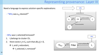52
Representing provenance: Layer III
Need a language to express solution-specific explanations:
xnj xi
j
CS
wasGeneratedBy
used
C
wasAssociatedWith
wasDerivedFrom
why
- Why was ti selected/removed?
1. ti belongs to cluster Ch,
2. there exists tj in Ch such that d(ti,tj) < δ,
à ti and tj redundant,
à tj selected, ti removed”
- “Why was xnj cleaned?”
TSfull ti
Filter
wasInvalidatedBy
used
why
 