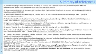 63
Summary of references
[1] Seedat, Nabeel, Fergus Imrie, and Mihaela van der Schaar. ‘DC-Check: A Data-Centric AI Checklist to Guide the Development of Reliable
Machine Learning Systems’. arXiv, 9 November 2022. http://arxiv.org/abs/2211.05764.
[2] Mohammad Hossein Jarrahi, Ali Memariani, and Shion Guha. 2023. The Principles of Data-Centric AI. Commun. ACM 66, 8 (August 2023), 84–92.
https://doi.org/10.1145/3571724
[3] Zha, Daochen, Zaid Pervaiz Bhat, Kwei-Herng Lai, Fan Yang, and Xia Hu. ‘Data-Centric AI: Perspectives and Challenges’. arXiv, 2 April 2023.
http://arxiv.org/abs/2301.04819.
[4] Zha, Daochen, Zaid Pervaiz Bhat, Kwei-Herng Lai, Fan Yang, Zhimeng Jiang, Shaochen Zhong, and Xia Hu. ‘Data-Centric Artificial Intelligence: A
Survey’. arXiv, 11 June 2023. https://doi.org/10.48550/arXiv.2303.10158.
[5] Singh, Prerna. ‘Systematic Review of Data-Centric Approaches in Artificial Intelligence and Machine Learning’. Data Science and Management 6,
no. 3 (1 September 2023): 144–57. https://doi.org/10.1016/j.dsm.2023.06.001.
[6] Neutatz, Felix, et al. "From Cleaning before ML to Cleaning for ML." IEEE Data Eng. Bull. 44.1 (2021): 24-41.
[7] Mazumder, Mark, Colby Banbury, Xiaozhe Yao, Bojan Karlaš, William Gaviria Rojas, Sudnya Diamos, Greg Diamos, et al. ‘DataPerf: Benchmarks for
Data-Centric AI Development’. arXiv, 13 October 2023. https://doi.org/10.48550/arXiv.2207.10062.
[8] J. Kaplan, S. McCandlish, T. Henighan, T. B. Brown, B. Chess, R. Child, S. Gray, A. Radford, J. Wu, and D. Amodei. Scaling laws for neural language
models. arXiv preprint arXiv:2001.08361, 2020.
[9] Abbas, Amro, Kushal Tirumala, Dániel Simig, Surya Ganguli, and Ari S. Morcos. ‘SemDeDup: Data-Efficient Learning at Web-Scale through Semantic
Deduplication’. arXiv, 22 March 2023. http://arxiv.org/abs/2303.09540.
[10] Sorscher, Ben, et al., Advances in Neural Information Processing Systems 35 (2022): 19523-19536. Beyond neural scaling laws: beating power
law scaling via data pruning
[11] A. Chapman, P. Missier, G. Simonelli, and R. Torlone. 2020. Capturing and querying fine-grained provenance of preprocessing pipelines in data
science. Proc. VLDB Endow. 14, 4 (December 2020), 507–520. https://doi.org/10.14778/3436905.3436911
[12] A. Chapman, L. Lauro, P. Missier, and R. Torlone. 2022. DPDS: assisting data science with data provenance. Proc. VLDB Endow. 15, 12 (2022),
3614–3617. https://doi.org/10.14778/3554821.3554857
IDEAL
2023
 