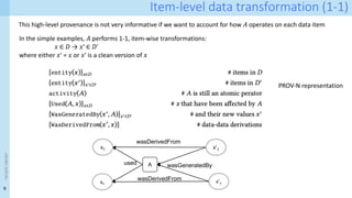 9
<event
name>
Item-level data transformation (1-1)
This high-level provenance is not very informative if we want to account for how 𝐴 operates on each data item
In the simple examples, 𝐴 performs 1-1, item-wise transformations:
𝑥 ∈ 𝐷 → 𝑥ʹ ∈ 𝐷ʹ
where either 𝑥ʹ = 𝑥 or 𝑥ʹ is a clean version of 𝑥
A wasGeneratedBy
used
wasDerivedFrom
x1
xn
x’1
x’n
…
wasDerivedFrom
PROV-N representation
 