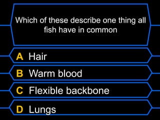 Which of these describe one thing all
fish have in common
A Hair
B Warm blood
C Flexible backbone
D Lungs
 