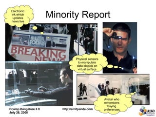 Minority Report Electronic ink which updates news live Avatar who remembers buying preferences Physical sensors to manipulate data objects on virtual surface 